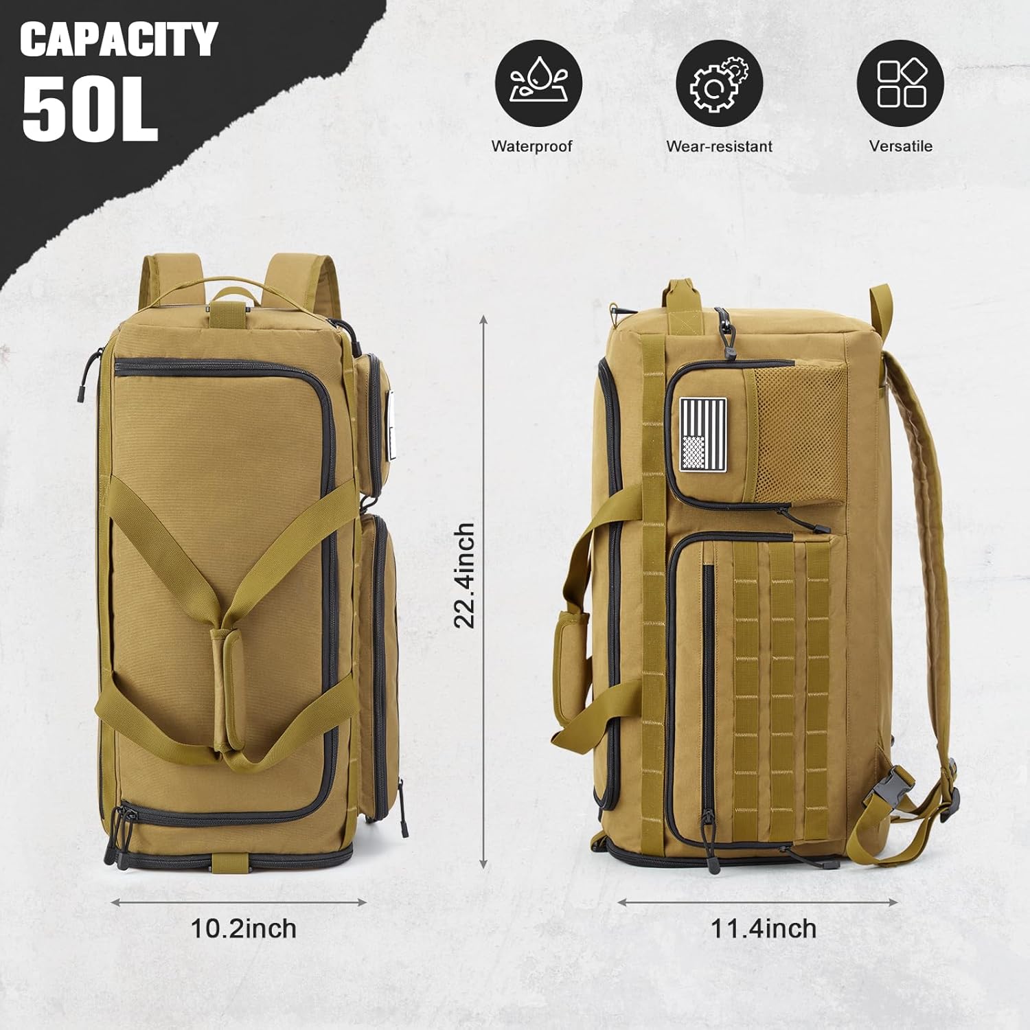G4Free 3-in-1 Travel Duffle Bag for Men and Women, 50L Large Gym Sports Bags Tactical Military Duffle Backpack with Shoes Compartment and Wet Pocket (Khaki)