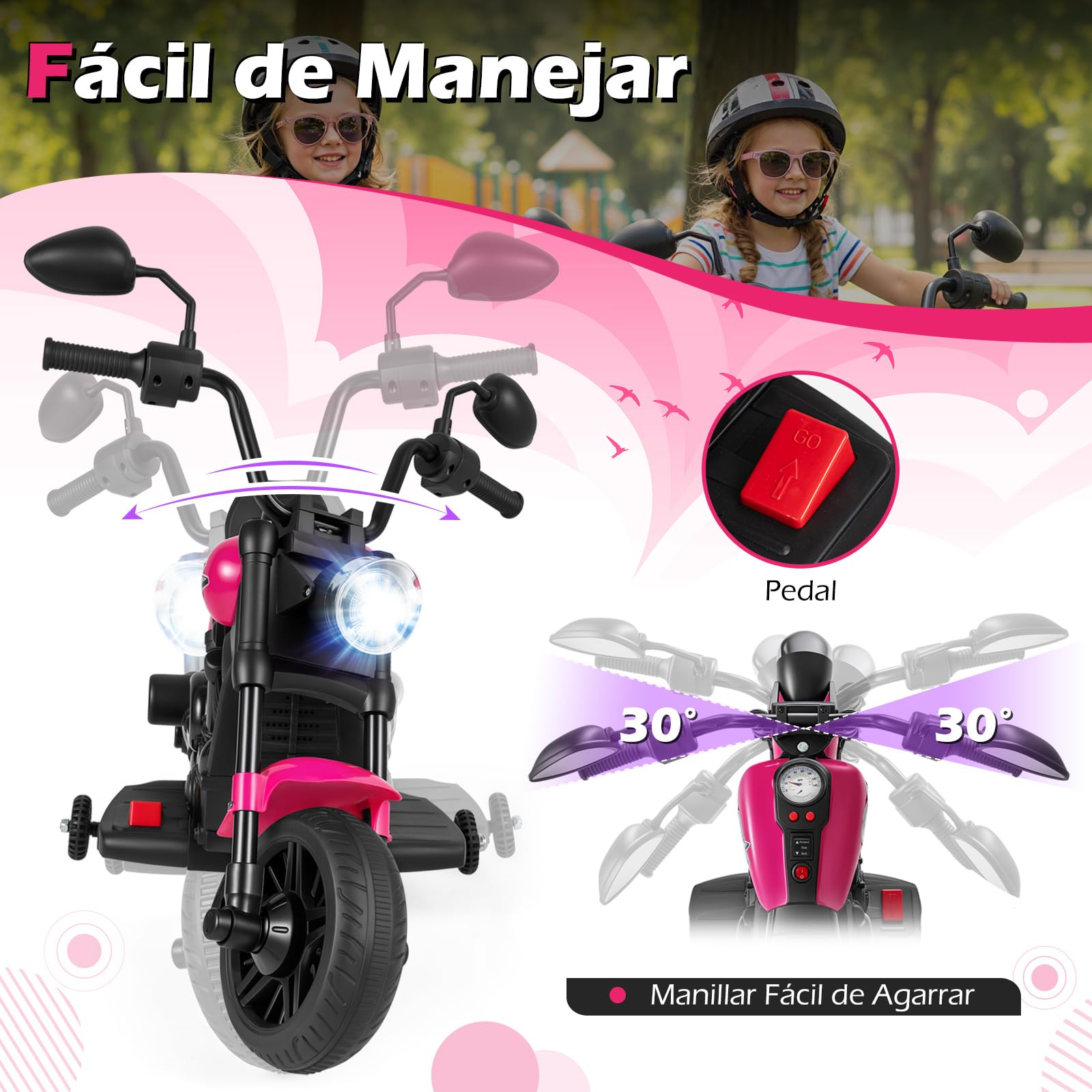 COSTWAY Moto Eléctrica para Niños, 6V Motocicleta de Batería con Faro LED, Música, 2 Ruedas de Entrenamiento, Pedales y 2 Espejos Retrovisores, Moto Infantil para Niños de 18+ Meses (Rosa)
