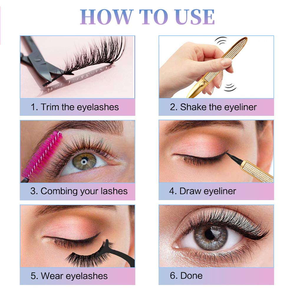 Magic Eyelashes and Eyeliner Set, 3D Reusable False Eye Lash with Waterproof Eyeliners Kit, 7 Pairs Natural Lashes Without Magnets, 2 No Magnetic Eyeliner