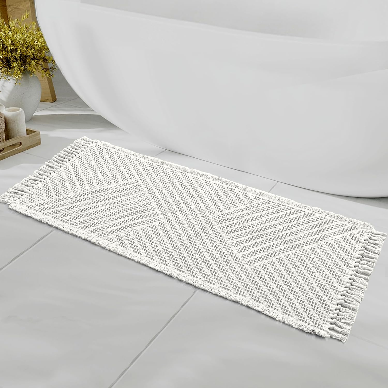 H.VERSAILTEX Waffle Bath Runner Rug Long Bath Mat Super Absorbent Boho Bath Rugs Non Slip Bath Runner for Bathroom Floor Machine Washable Dry Fast Bathroom Rugs with Tassels, 24" x 60", Ivory White