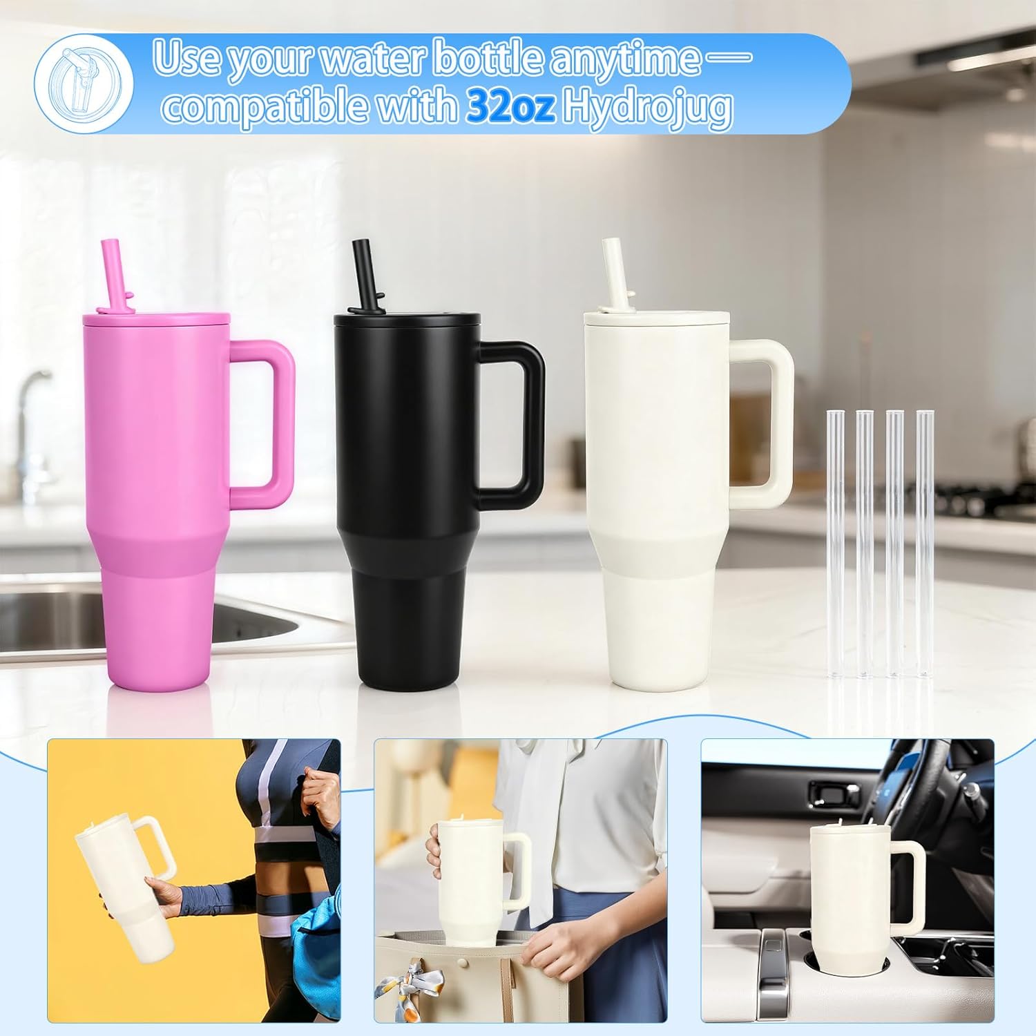 32oz Flip Straw Lid for HydroJug Traveler, Leak Proof Top Cap Replacement for HydroJug Tumbler, BPA-Free Dishwasher Safe Leak Resistant Cap with 4 Straws, Lids Accessories for Hydro Jug, Cream*2 - Image 7