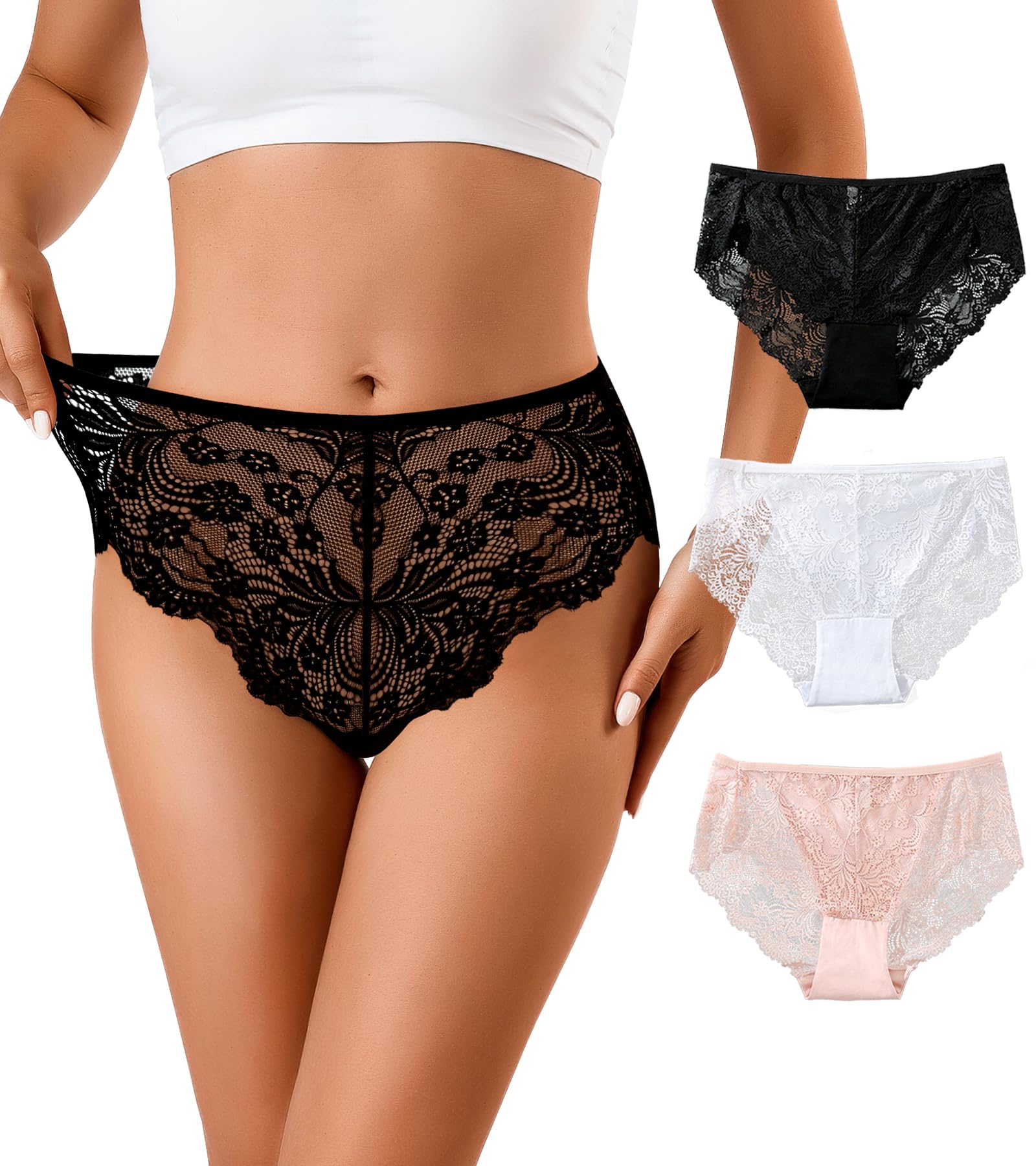 J-pone Sexy Womens Lace Underwear High Wasited Panties Breathable Floral Ladies Briefs, 3 Pack