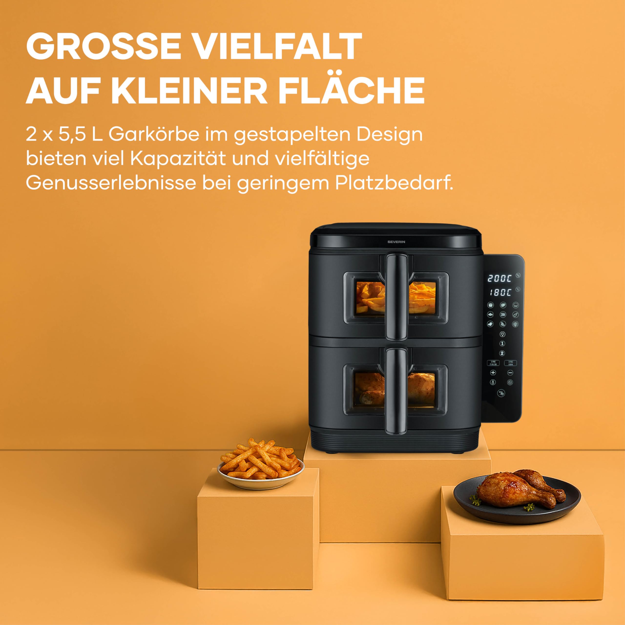 Severin Duo Stack Heißluftfritteuse, 2 x 5,5 L Garraum, 2 Kammern, gesundes Kochen, 9 Automatik-Programme, Fritteuse ohne Fett, platzsparendes Design, doppelstöckig, S-Fry, 2800 W, schwarz, FR 9598