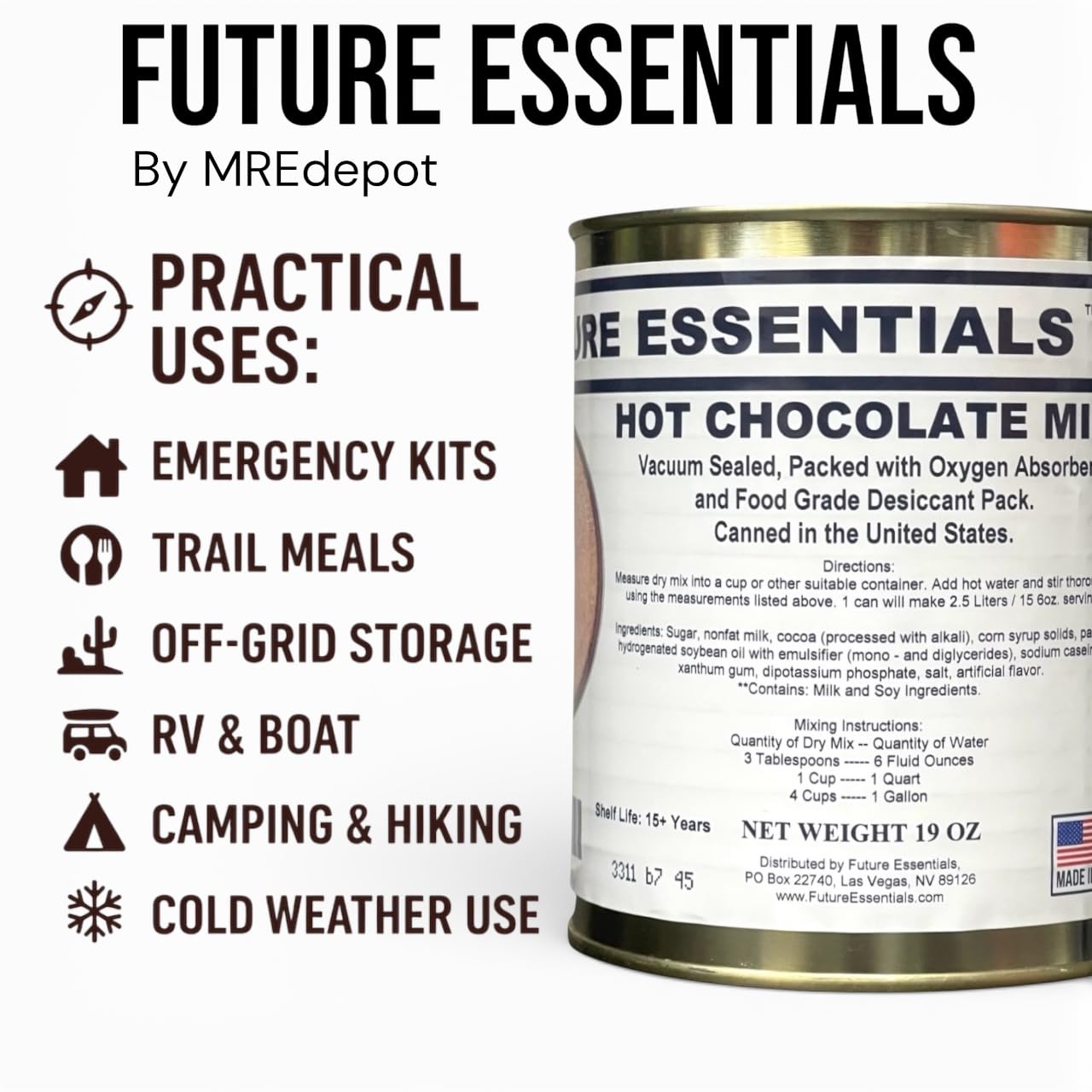 Future Essentials Canned Hot Chocolate Mix – Ready-to-Use Creamy Hot Cocoa Mix for Emergency Kits, Family Use, or Cozy Winter Days – 15-Year Shelf Life – 19 oz Canister (Pack of 6)
