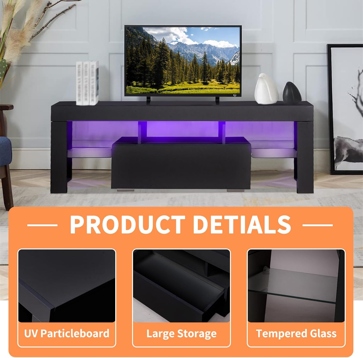 HOUAGI LED TV Stand for Televisions up to 55 Inchs,Modern Entertainment Center with Storage Drawer and Glass Shelf, TV Console Table for Living Room,Bedroom (Black, 50in)