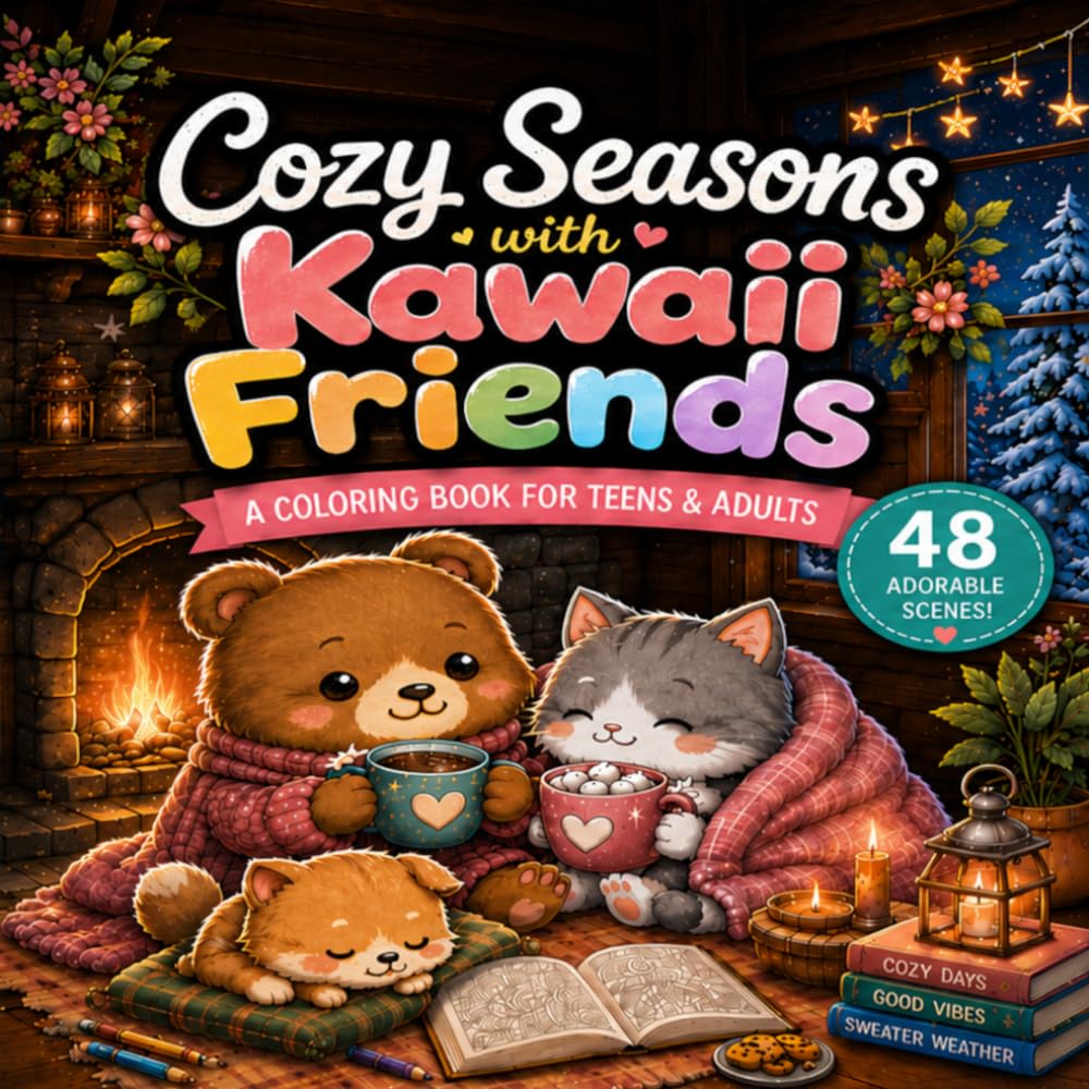 Cozy Seasons with Kawaii Friends: A Coloring Book for Teens & Adults | 48 Adorable Scenes Through Spring, Summer, Autumn & Winter