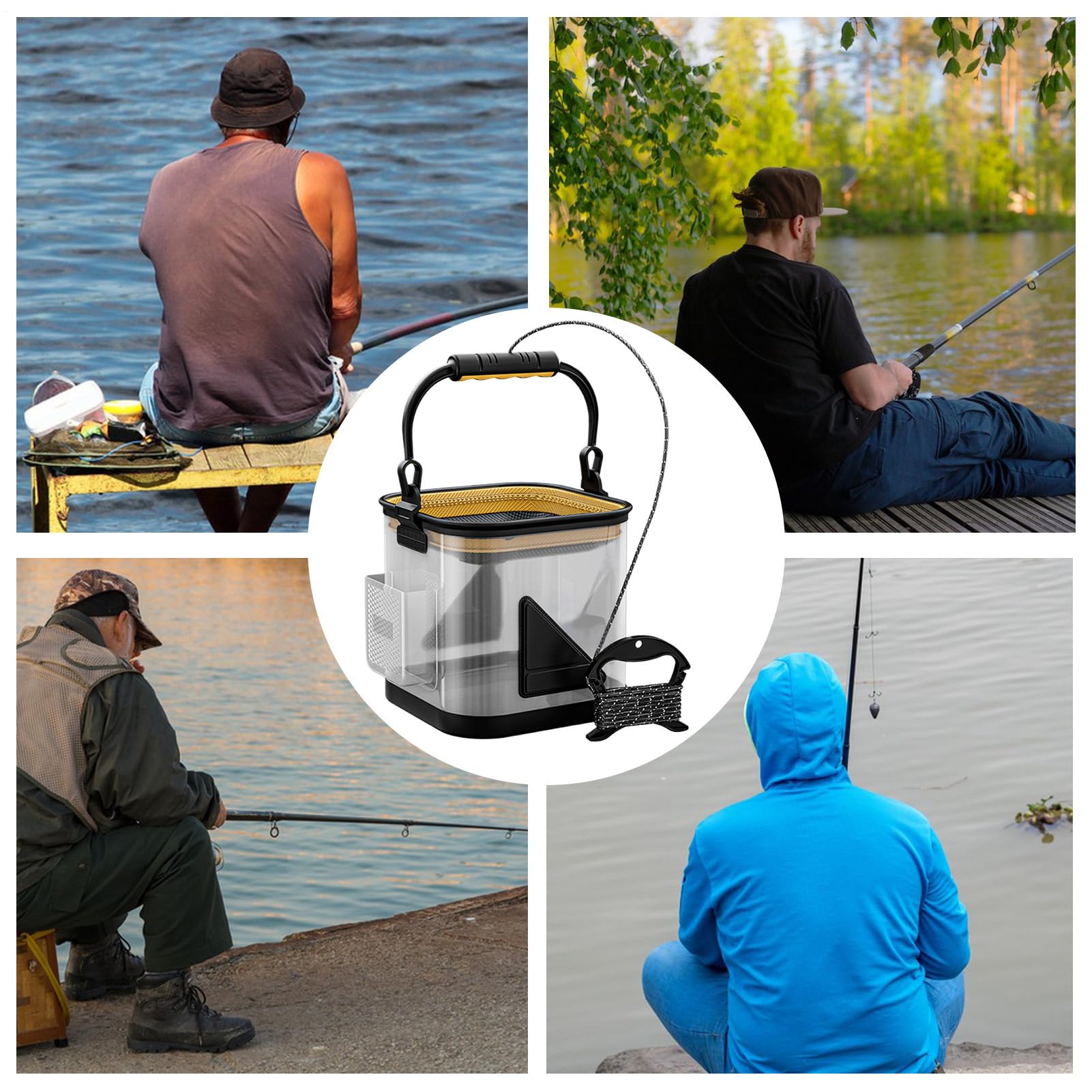 Seau À Vifs | Seau de Pêche Transparent - Panier à Poisson Pliable en EVA, Accessoires de Pêche Portables pour Camping, Randonnée, Lacs, Rivières et Eau Salée