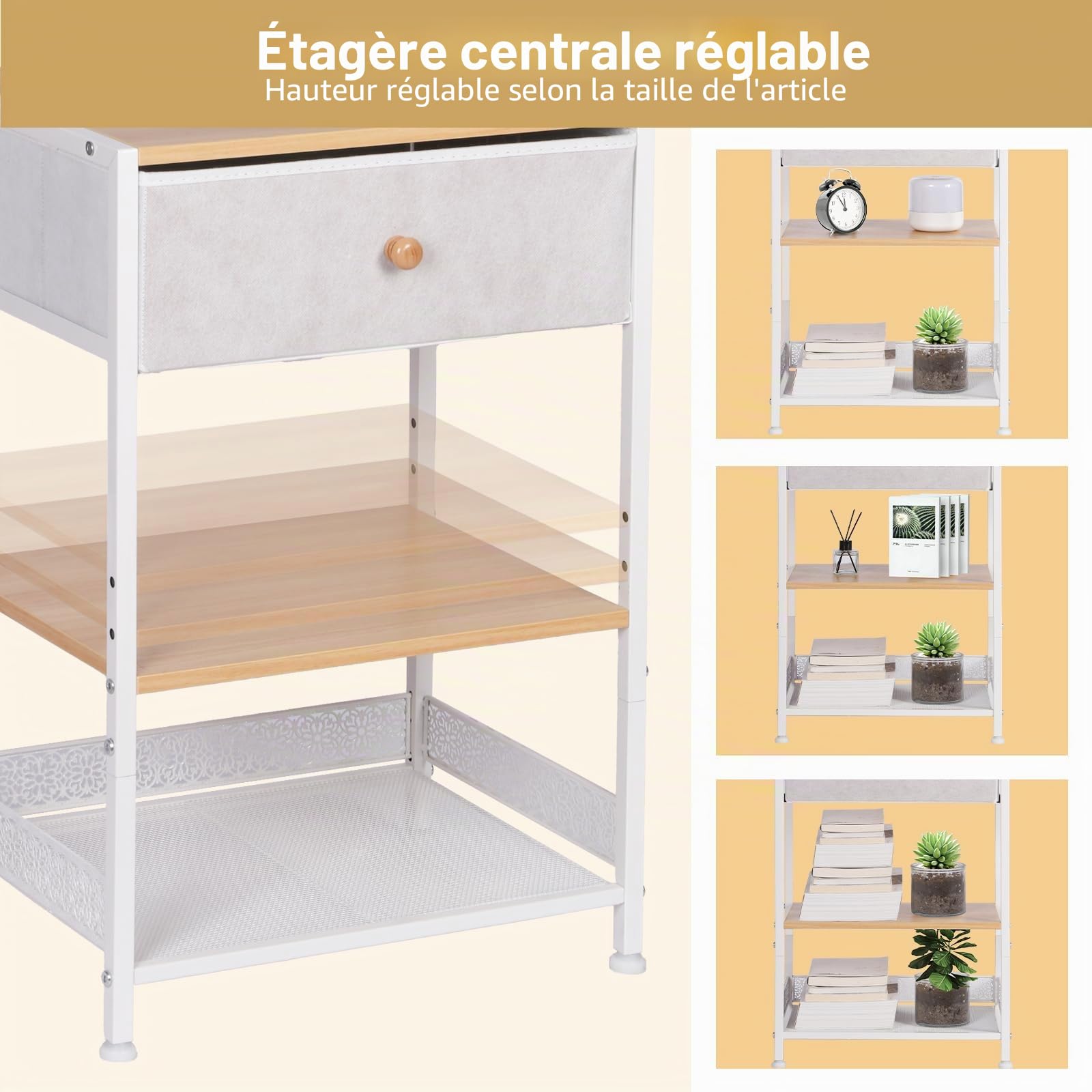 HYCFYJR Table de Chevet avec Porte Bijoux, Table de Nuit avec Tiroir en Tissu, Moderne Chevet de Lit, Bout de Canape pour Chambre, Salon, Naturel Blanc