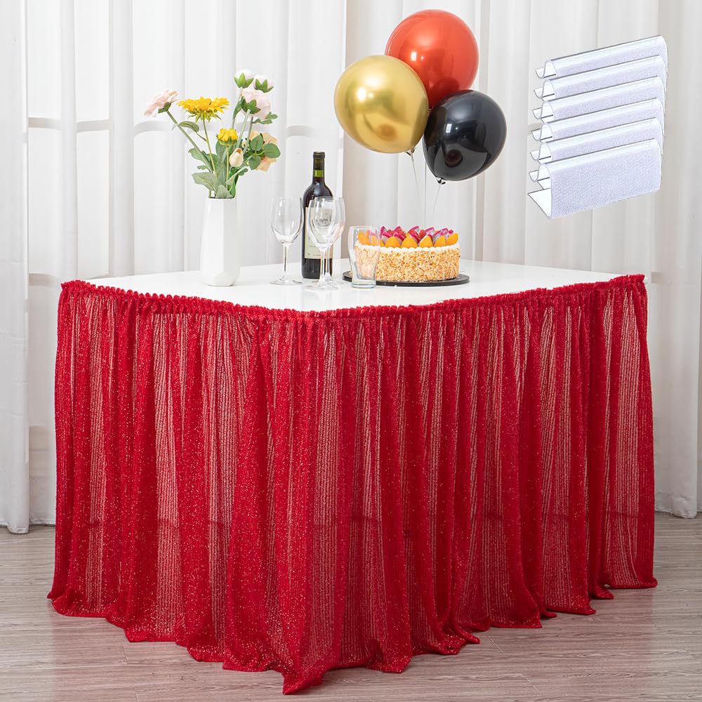 Red Tutu Table Skirt 6ft with Clips Grass Tulle Table Skirting for Round Retangle Table Birthday Baby Shower Graduation Wedding Party Decoration