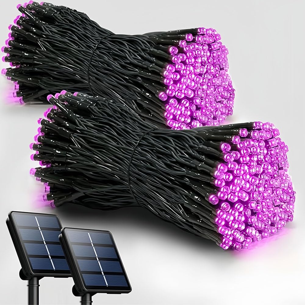 Treer Solar Outdoor Fairy Lights, 2 Pieces Solar Powered Garden Lights - IP65 Waterproof, Outside Garden Ornaments Outdoor LED String Lighting for Patio Yard Party Wedding (Pink,32m 300 Lights)