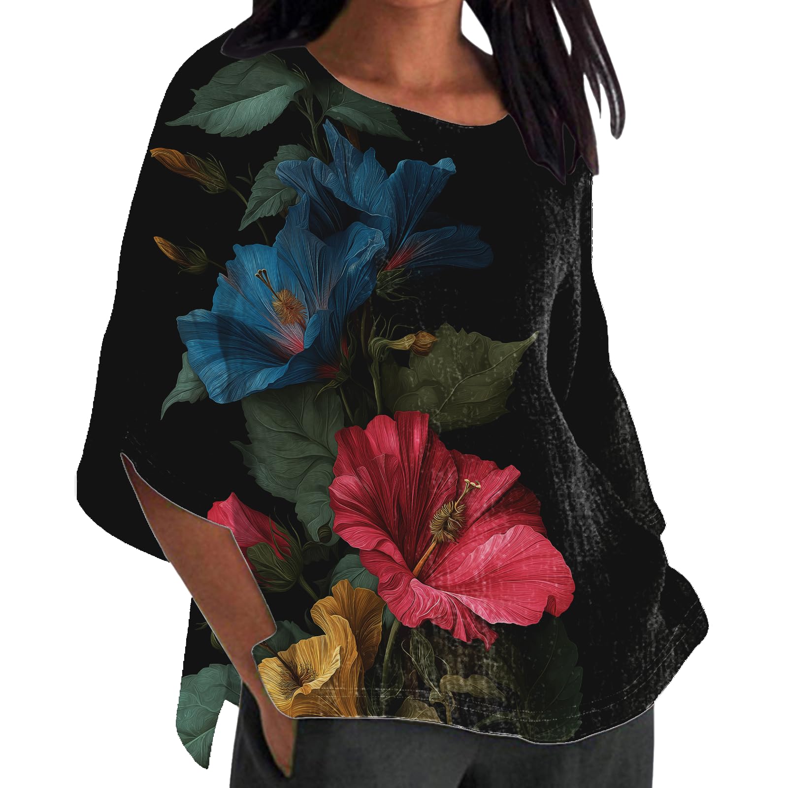Vintage Floral Graphic Womens Blouse Casual Summer 3 4 Sleeve Shirt Loose Lightweight Comfy Crewneck Beach Tops