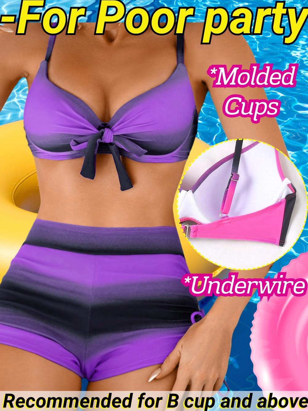 Women High Waisted Molded Cup Bikini Sets, Underwire Push Up Striped Swimsuits, Bathing Suit with Boy Shorts 2 Piece - Image 2