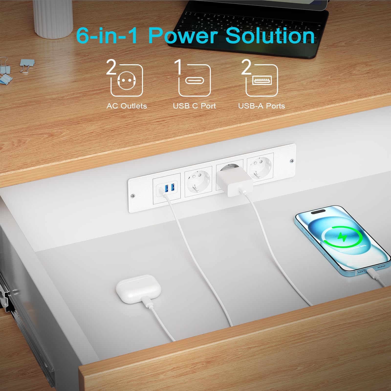 Tafelcontactdoos met USB C PD20W, inbouwstopcontact met USB-stopcontact, bureau, inbouwstekkerdoos, 2 m kabel, wit