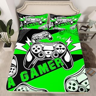 Erosebridal Gamer Bedding Sets for Boys Girls Kids,Gamepad Gaming Sheets Full Size Modern Game Room Decor,Games Console Fitted Sheet Black Green Bedroom Decor with 2 Pillowcases