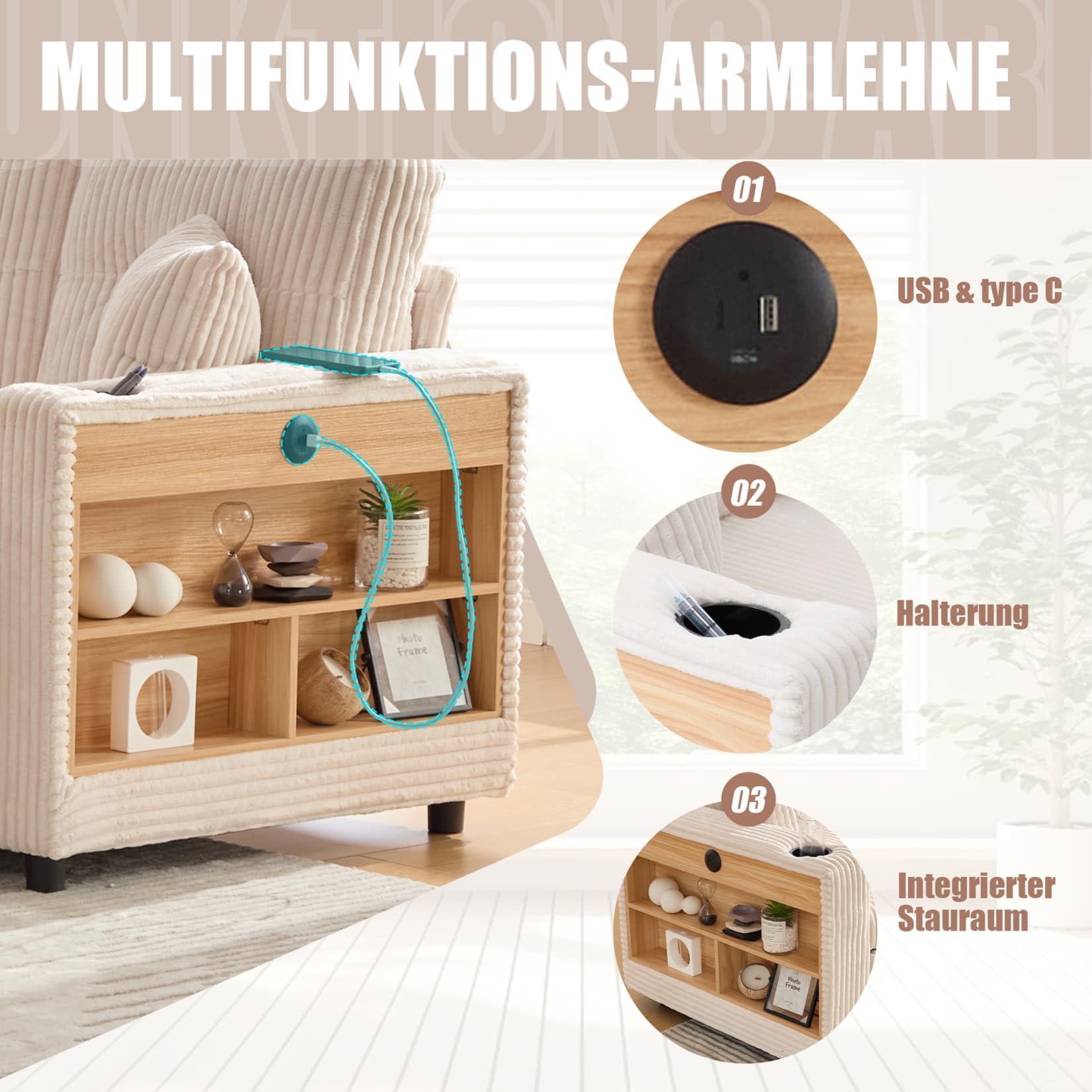 Canapé 3 Places Convertible en Velours Côtelé,Canapé d'angle Modulable,avec Espace de Rangement,Port USB Type-C,éclairage LED et Porte-gobelets,Design Pliant (Beige)