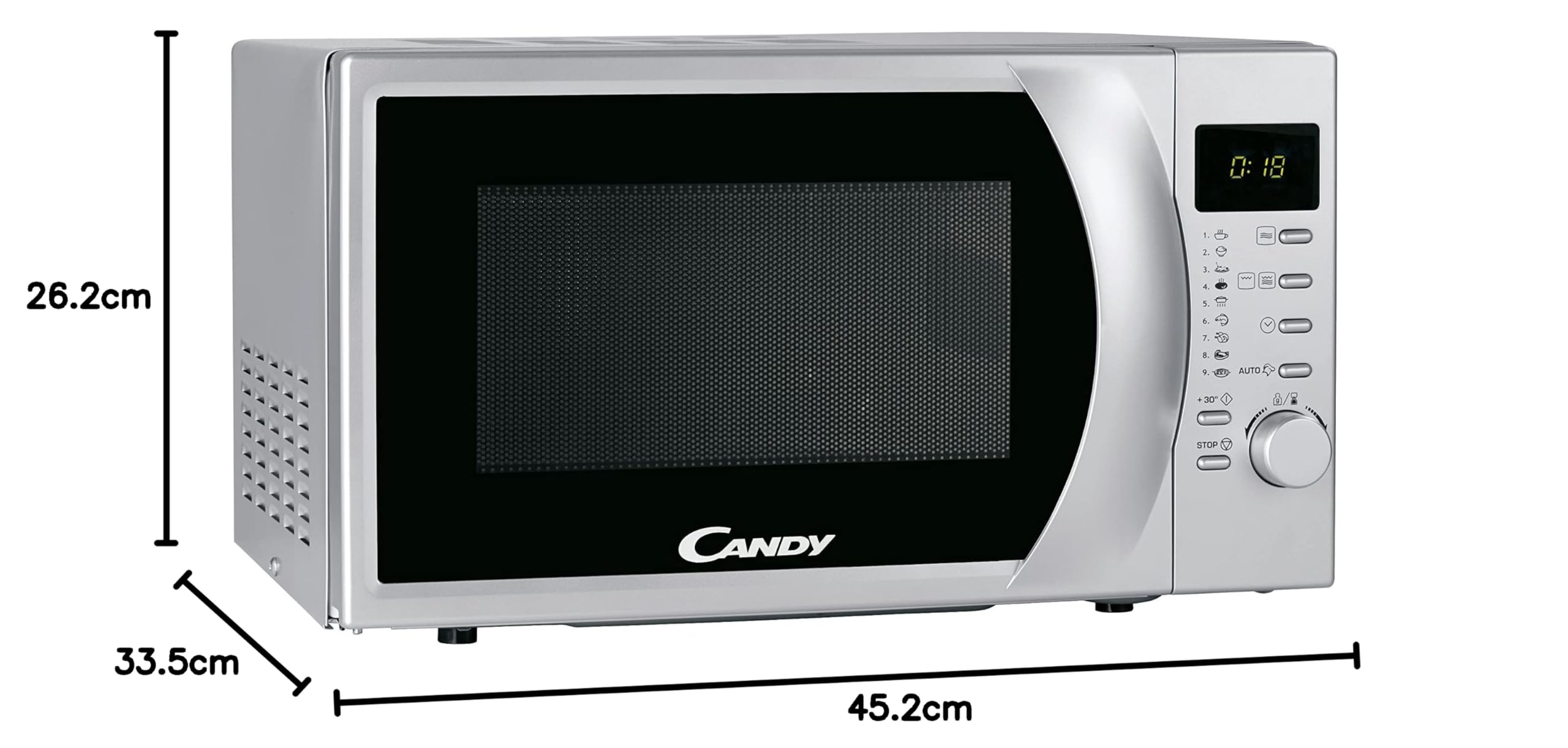 Candy CMG2071DS Micro-ondes avec écran numérique,Puissant 700 W + Gril 900W,capacité 20L, 6 Niveaux de puissance + 9 Menus automatiques,Fonction décongélation,Cuisson express,Sécurité enfant,Silver