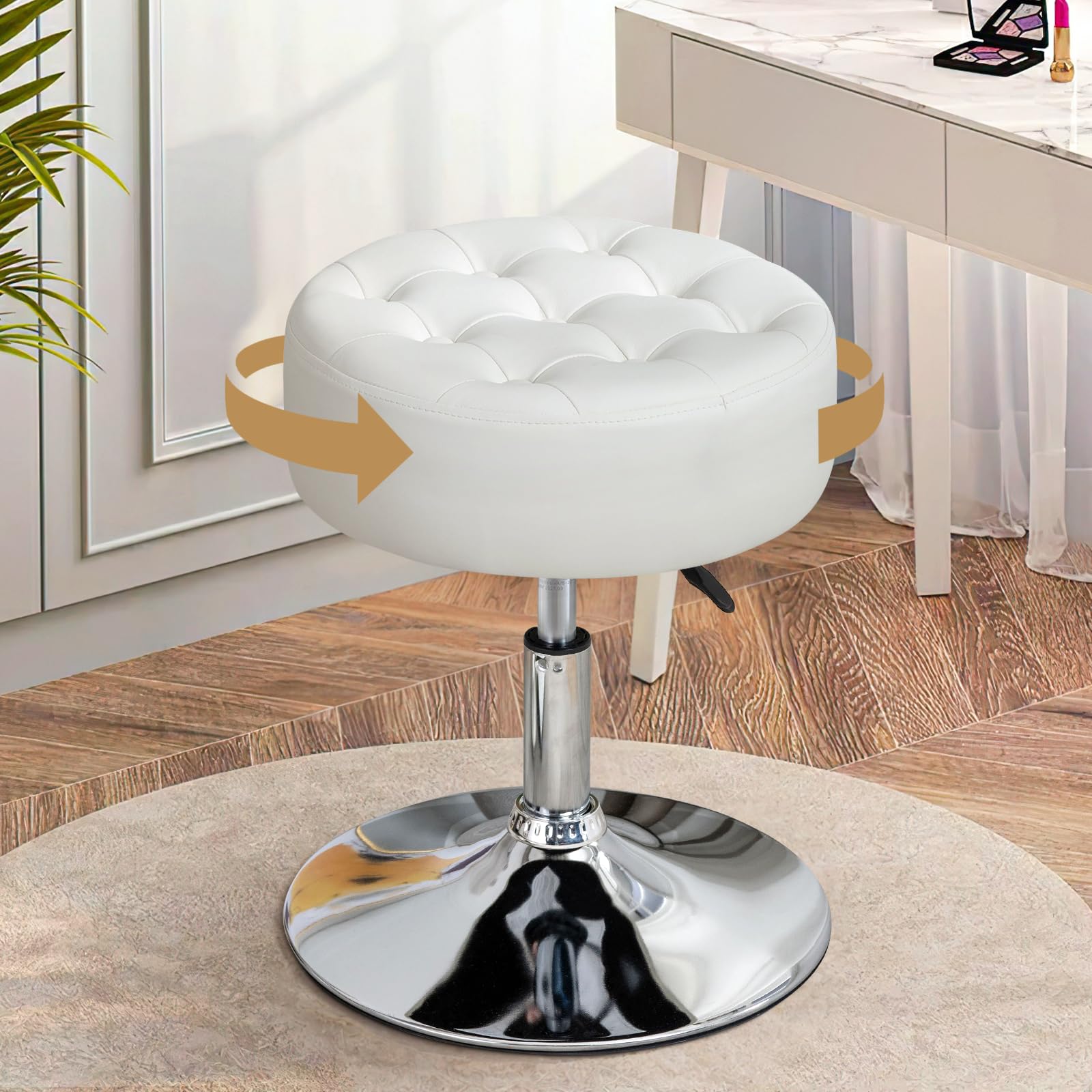 Ckaff 360° Swivel Vanity Stool, Adjustable Dressing Table Stool, Height Adjustable Makeup Vanity Stool, Tufted Design Faux Leather Makeup Ottoman Stool for Living Room Bedroom Entryway, White