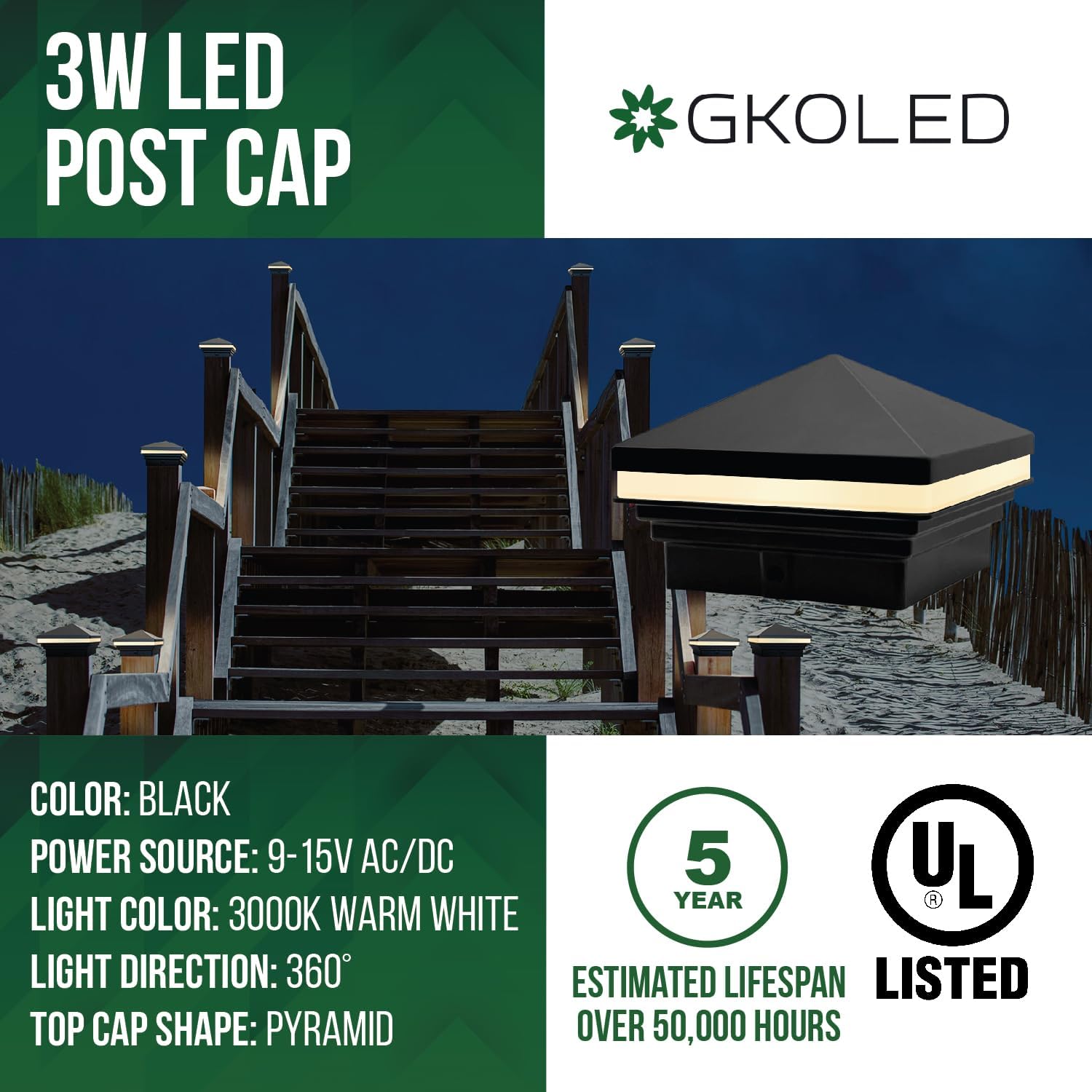 GKOLED Low Voltage Pyramid Post Cap Light, 3W 12V AC/DC, for 4"x4" and 3.5"x3.5" Wood or Vinyl Posts, 3000K Warm White, IP65 Rated Waterproof for Outdoor, Black
