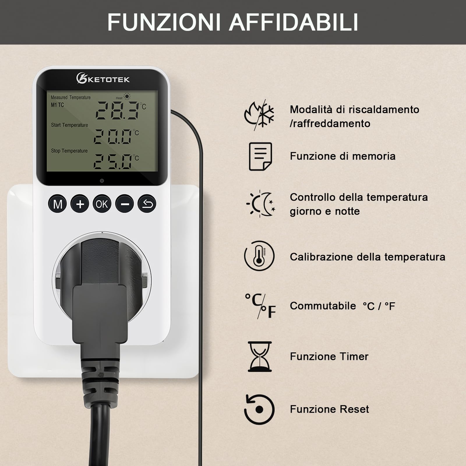 KETOTEK Digitale Presa Termostato con Timer Giorno Notte, Spina Termostato Temporizzato Rettili Terrario Regolatore di Temperatura con Sonda 220V