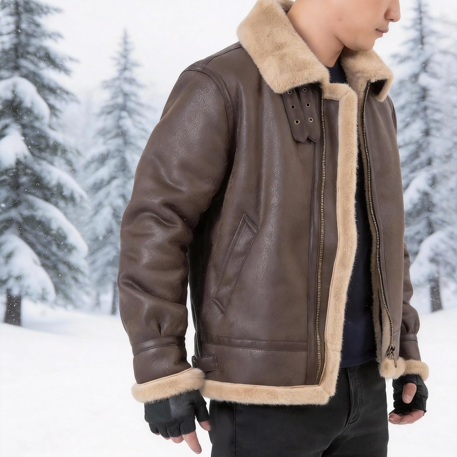 Men Brown Leather Jacket Motorcycle Shearing Fur Winter Coat Cosplay Costume for Cold Weather XS-3XL - Image 3