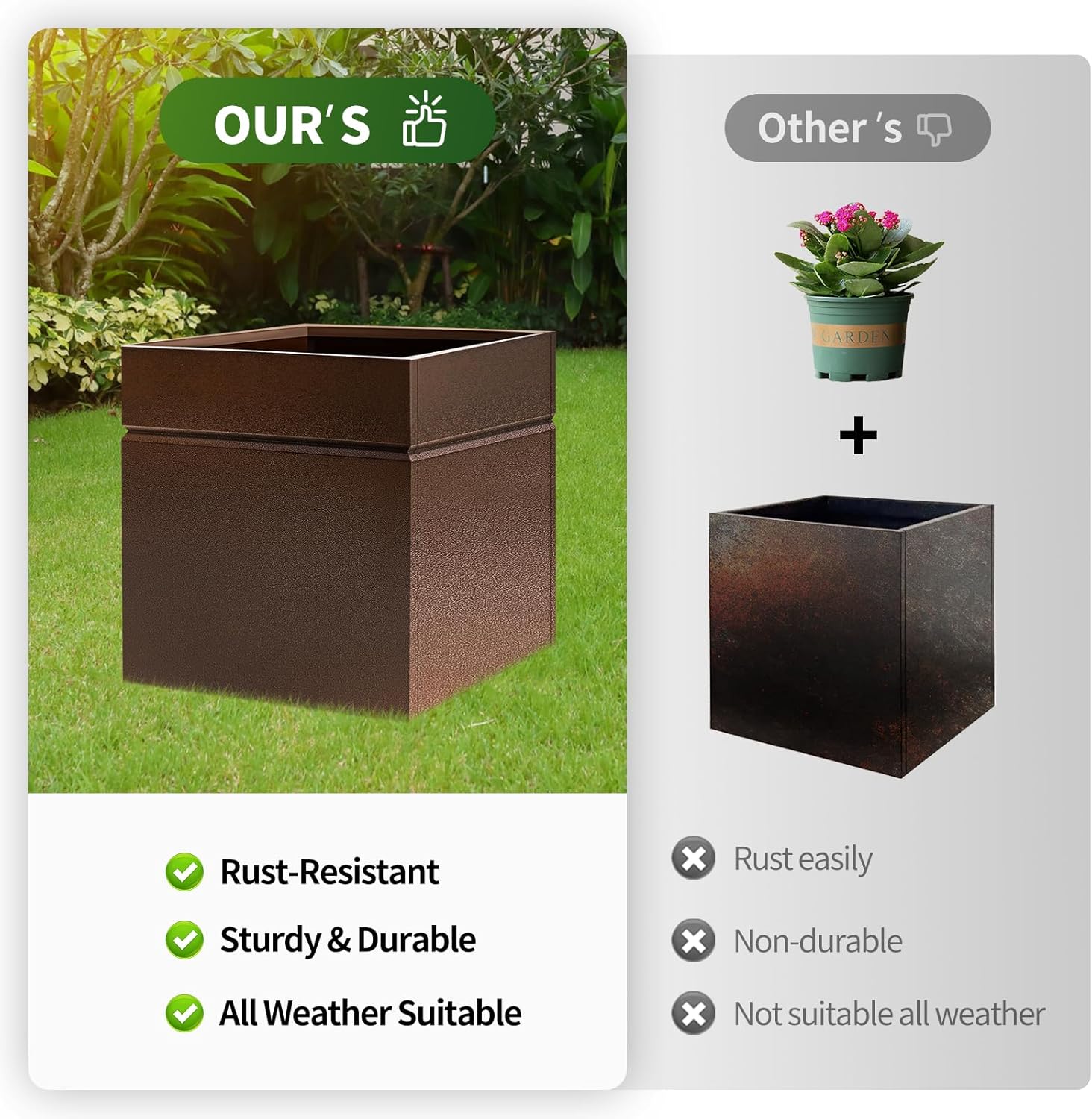 Matel Planter Box 20" L x 20" W x 21" H, Cube Heavy Duty Powder Coating Steel Planters with Drainage Hole, Indoor Outdoor All-Weather Use for Home, Porch, Patio, Garden(Bronze)