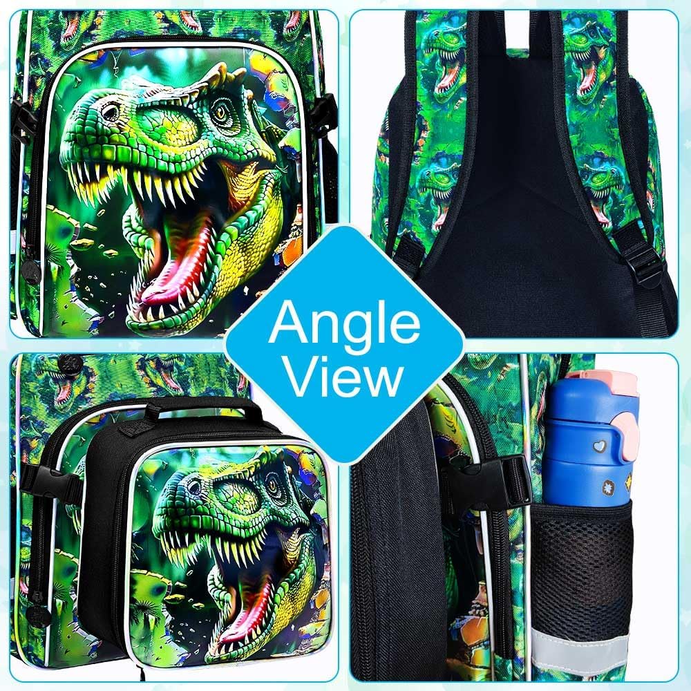 16" Dinosaur Backpack for Boys, 3Pcs Kids Bookbag with Lunch Box, School Backpacks for Elementary Preschool Kindergarten (Green)