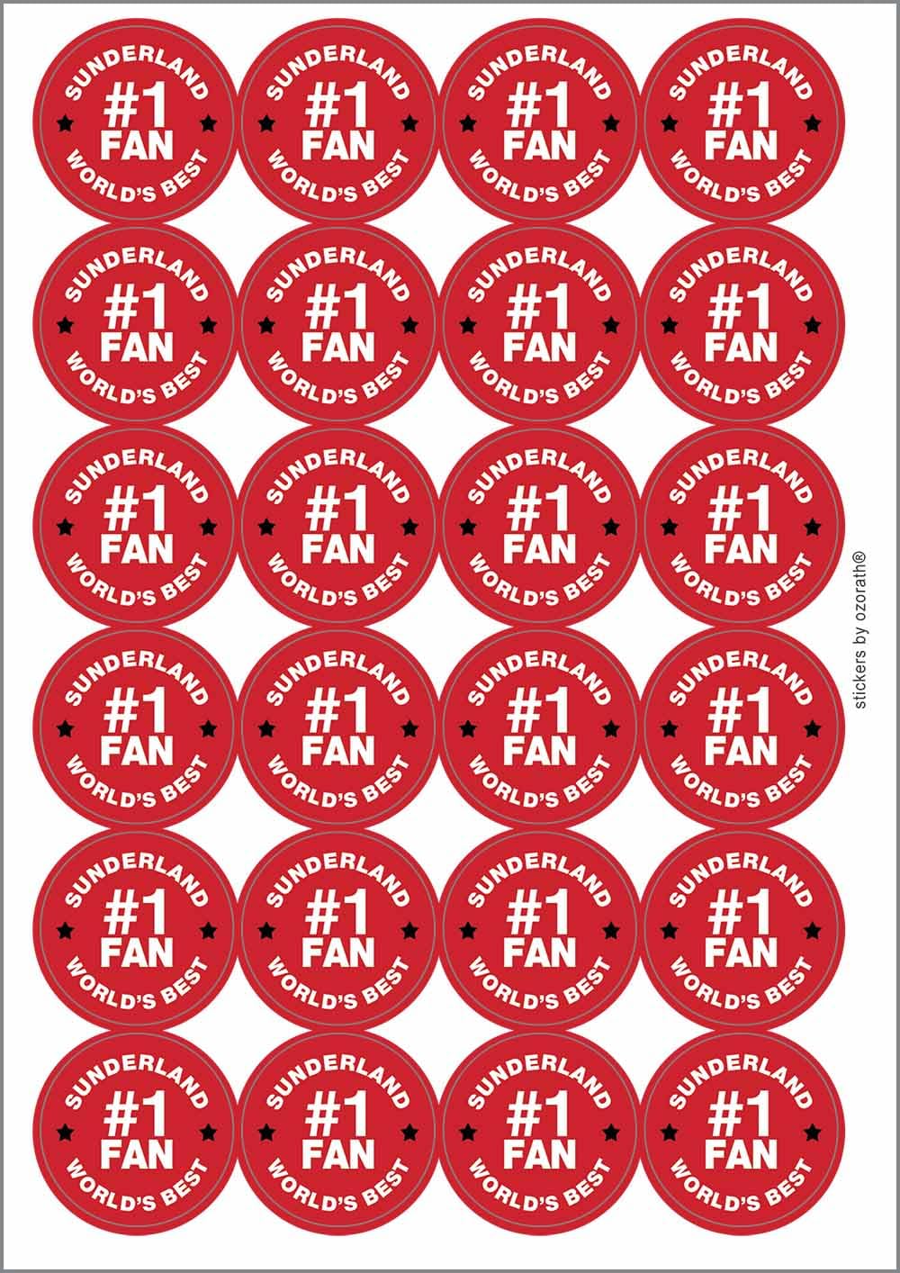 Sunderland #1 Fan Circular Matt Paper Stickers A4 Sheet of 24 (Each Sticker is 45mm Diameter)