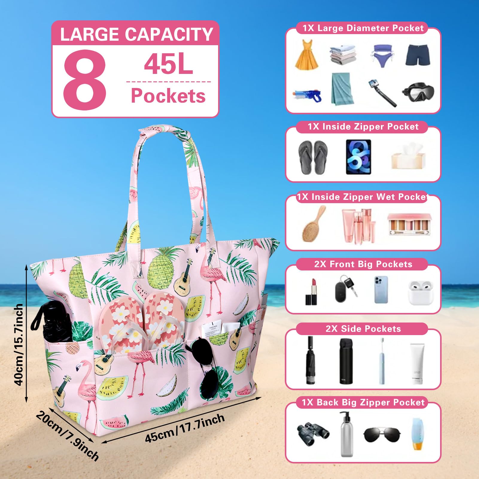 Sac de Plage Femme XXL Sac Cabas Femme Grand Imperméable Sac de Plage avec Poches Pliable et Léger Sac Piscine Hawaïen Grand Tot Bag Plage Piscine Vacances Gym