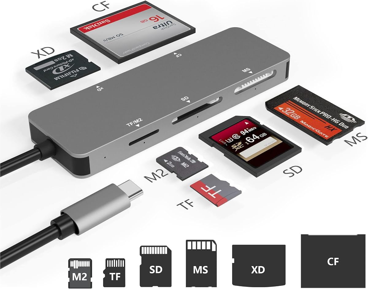 Lector de tarjetas de imagen USB C XD, tipo C (5Gps) de alta velocidad TF/SD/MS/M2/XD/CF Lector de tarjetas de cámara 6 en 1, lector de tarjetas de memoria USB C XD compatible con Olympus y Fujifilm XD Picture Card 1 GB 2 GB