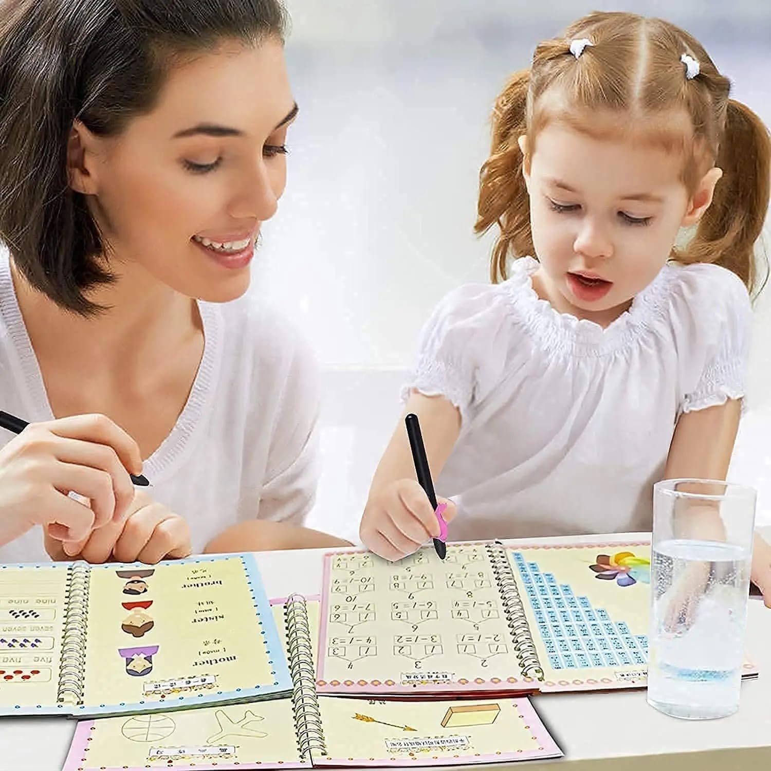 AALGO 5 Pc Magic Practice Copybook,Reusable Grooved Handwriting Workbook,Disappearing Ink Pen with Writing Training Aid Pencil Grip for Kids