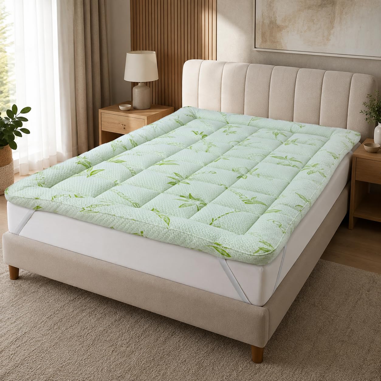 Premium Bamboo Mattress Topper, 10cm Extra Thick 1000 GSM Microfiber Filling, Cooling Bamboo Viscose Breathable Hypoallergenic Bed Topper with Elastic Corner Straps (Super King)