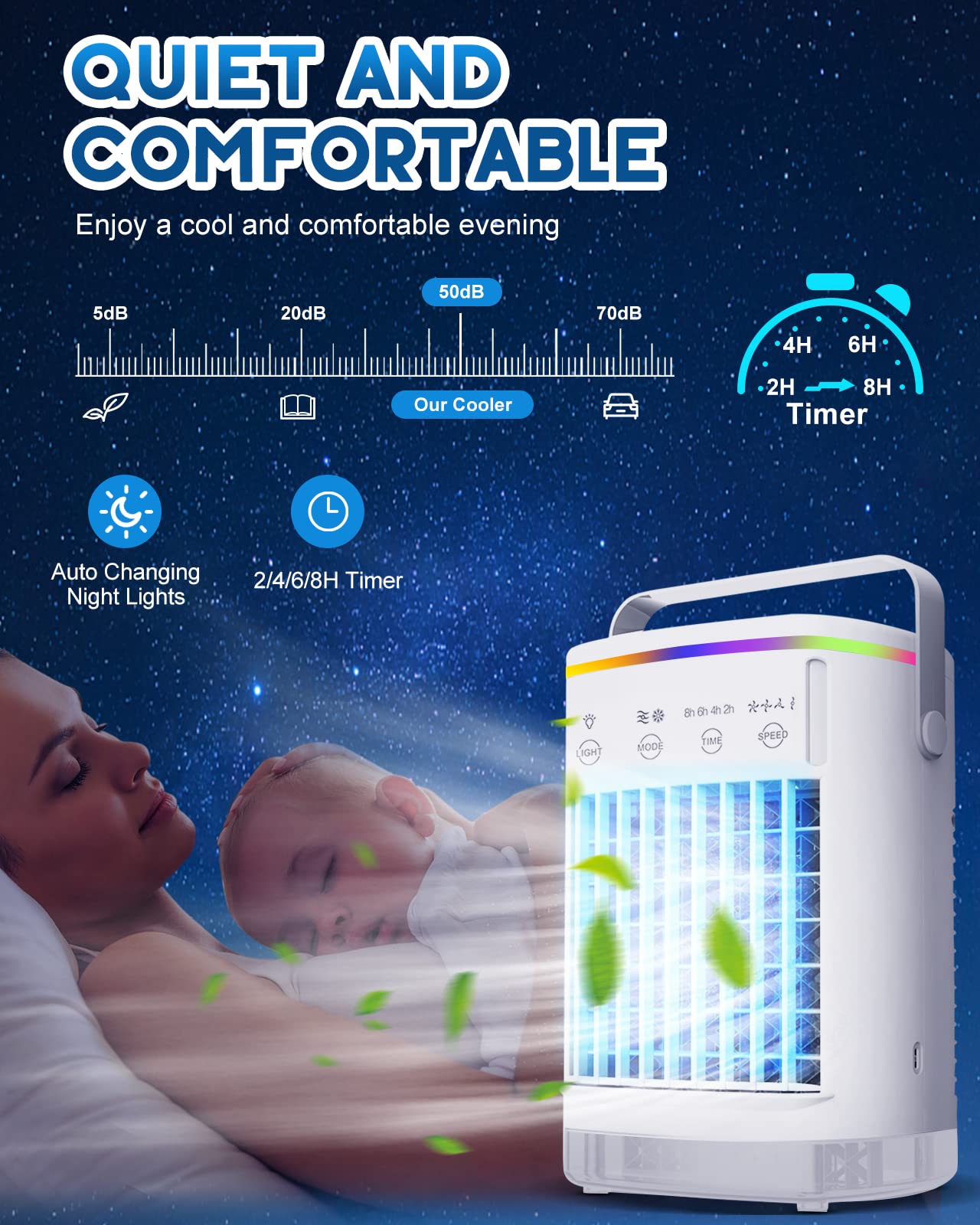 Portable Air Conditioner, 4 Speeds Evaporative Air Cooler Humidifier 700ML Waterbox Mini Air Conditioner, 2-8H Timer, 2 Misting Modes and LED Light, USB Plug, Perfect for Home Office Bedroom Camping