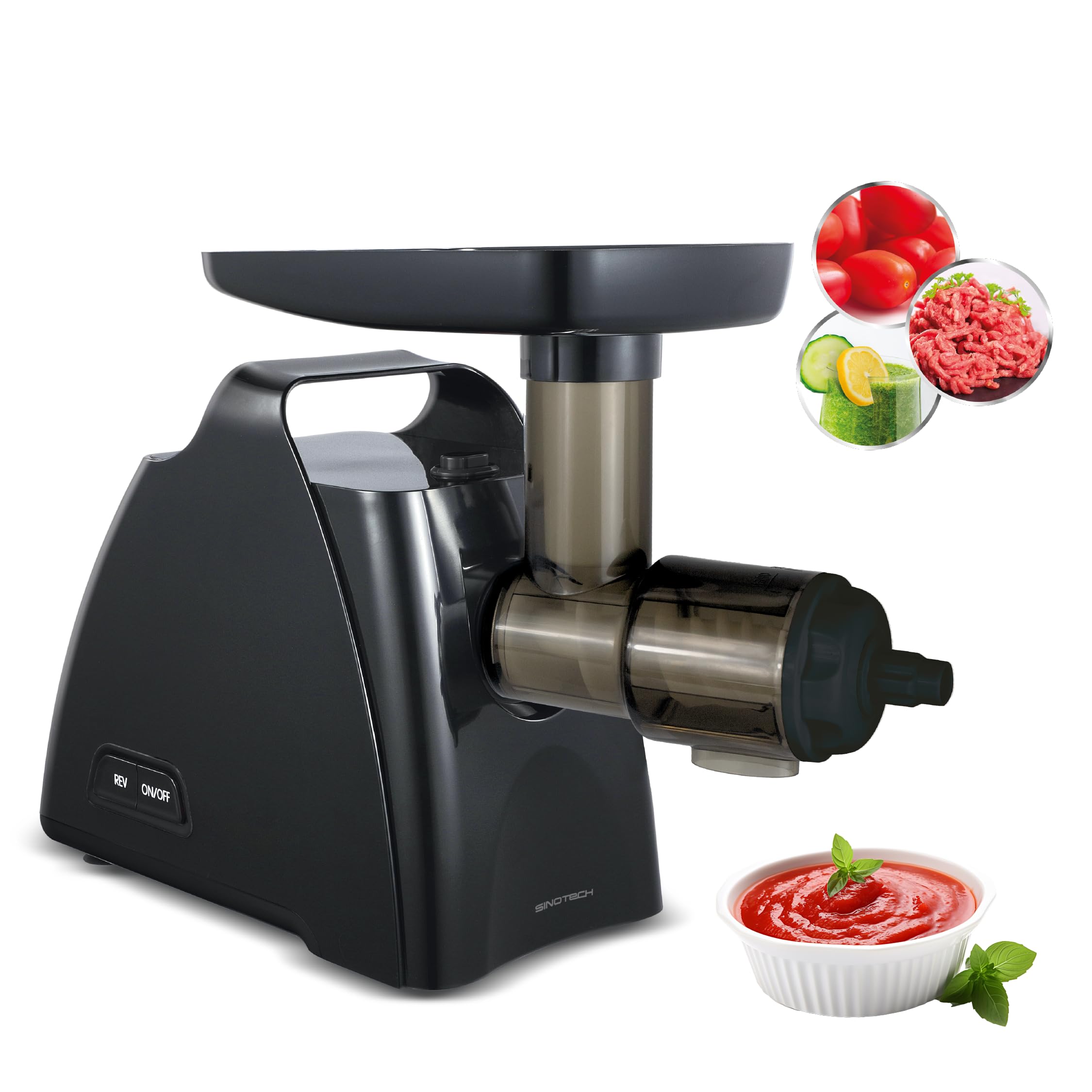 Tritacarne e Passapomodoro Elettrico, Multifunzione con Slow Juicer, Sistema di Sicurezza, Accessori per Salsicce e Kubbe, Filtro in Acciaio