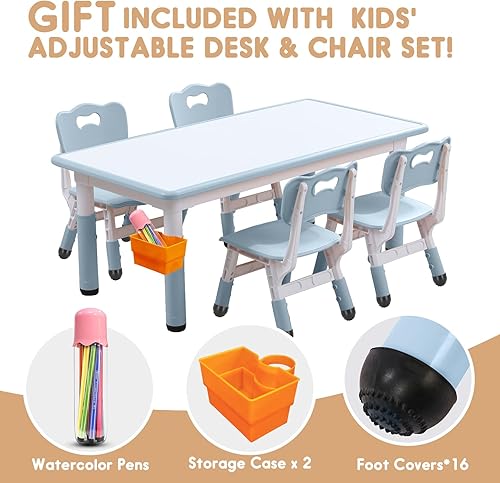 Miniatura 29 de Juego de mesa y silla para niños, juego de mesa y sillas para niños, altura ajustable, patas y organizador de mesa antideslizantes, escritorio de