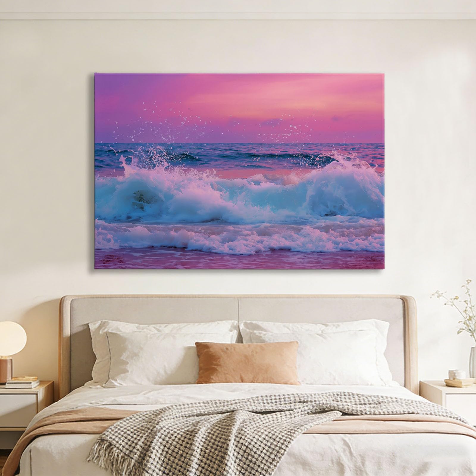Generisch Leinwandbild Sonnenuntergang Meer Wellen 90x60cm Wandbild Kunstdruck auf Leinwand, Modern Wanddeko Bilder für Wohnzimmer Schlafzimmer Flur Büro Esszimmer Dekoration