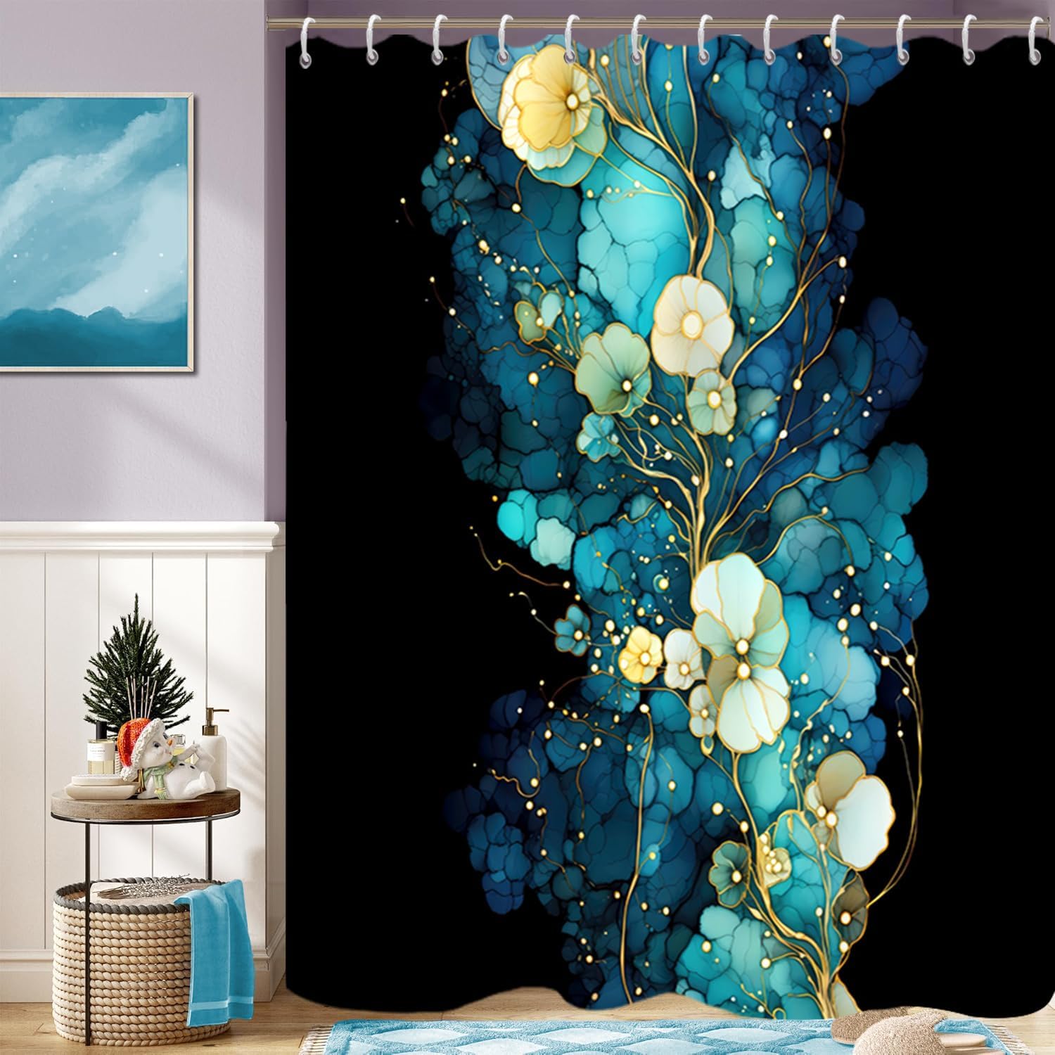 Blue Black Shower Curtain for Bathroom Retro Flowers Shower Curtain Set with Hooks Abstract Marble Bathtub Decor Waterproof Fabric Curtains 72x78inches