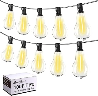 Outdoor String Lights 100FT Waterproof LED Outdoor Lights for Patio with 53 Shatterproof LED Bulbs (3 Spare),Outside Hanging Light for Party, Bistro, Gazebo, Backyard, Garden,Black Cord