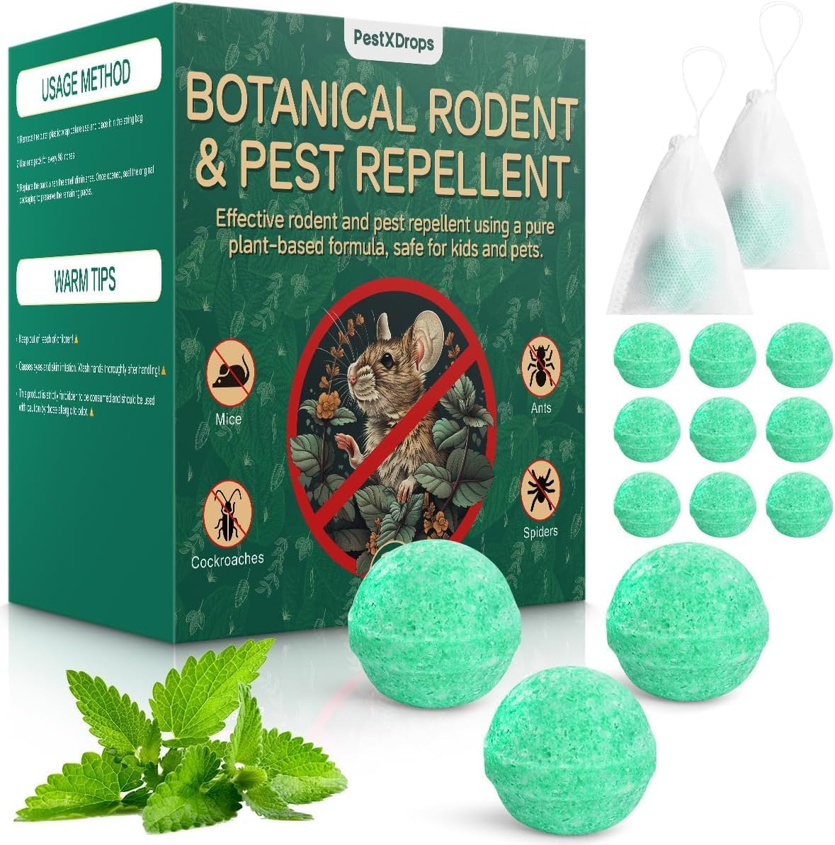 Rats Mouse Repellent 14 Pack, Peppermint Oil Moth Balls for Mice Rodent Deterrent, Natural Pest Control Pouches for Roaches, Ant, Cockroach, Spider, Safe for Humans & Pets, Indoor and Outdoor Use