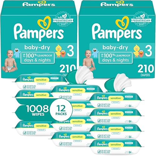 Pampers Baby Dry Disposable Baby Diapers Size 3, 2 Month Supply (2 x 210 Count) with Sensitive Water Based Baby Wipes 12X Multi Pack Pop-Top and Refill (1008 Count)