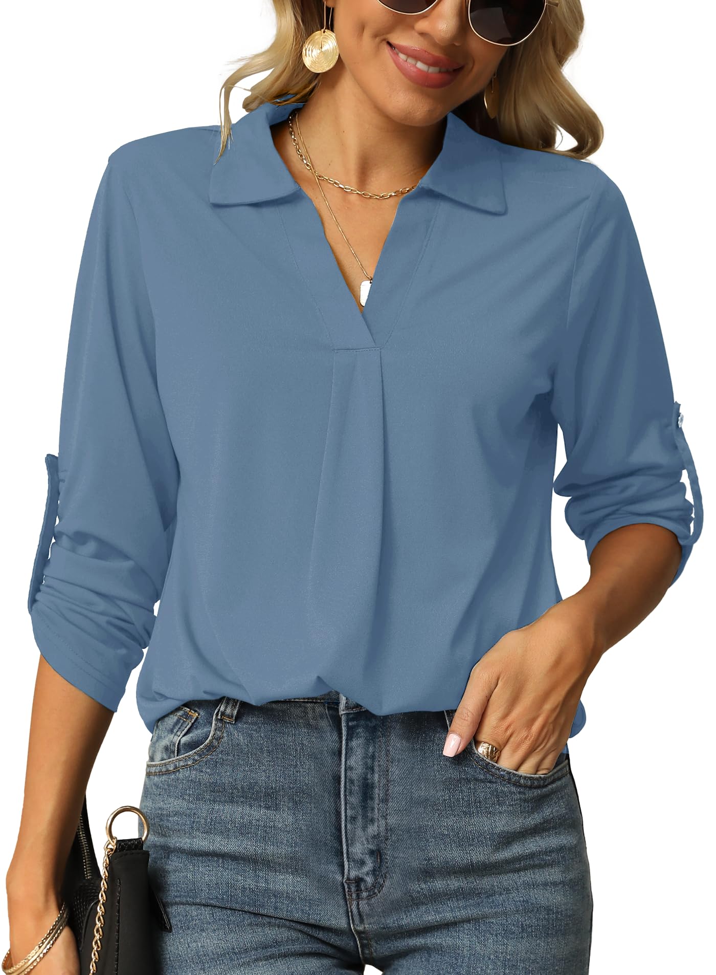 Odosalii Blusa para mujer, cuello en V, elegante, manga 3/4, túnica, camiseta de manga larga
