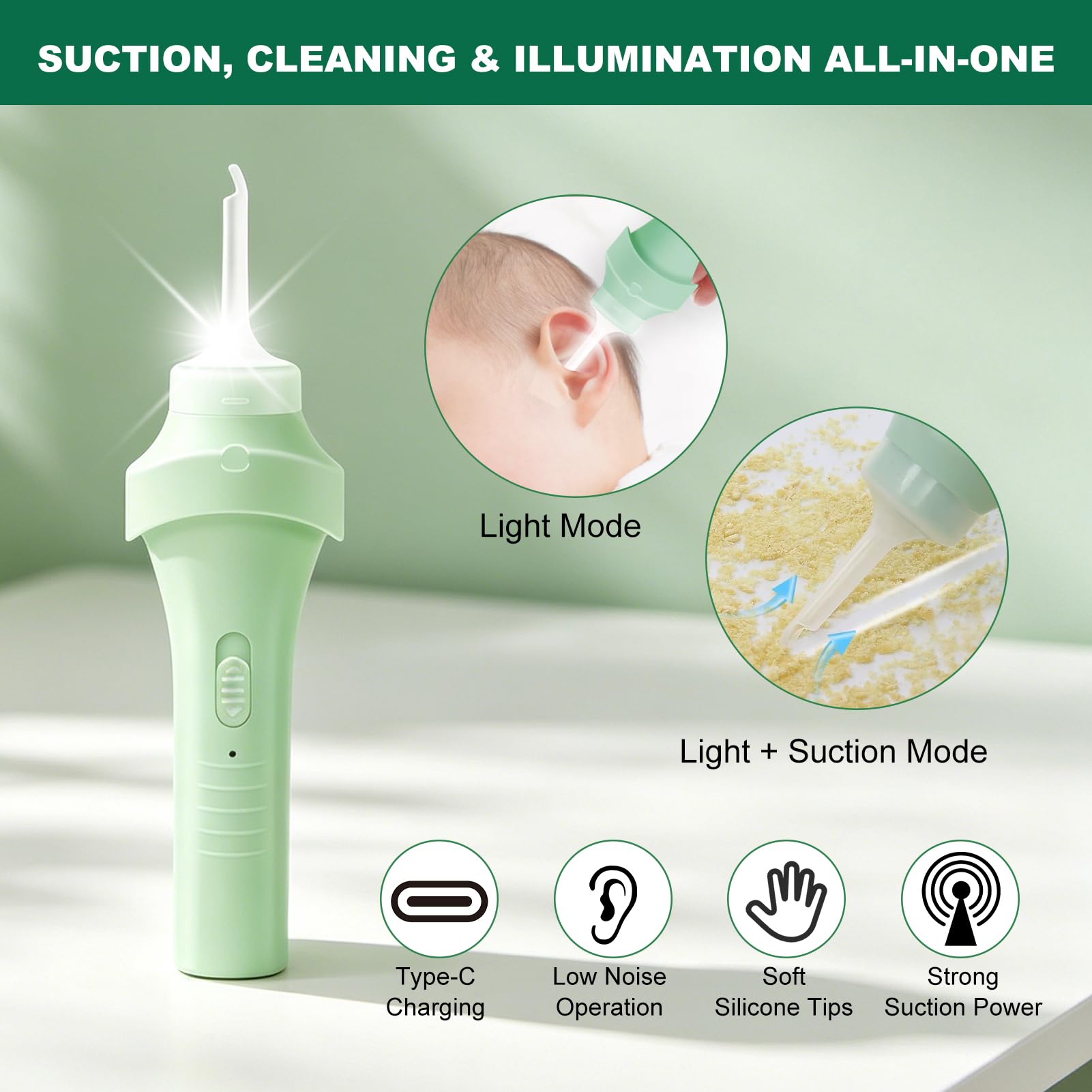 Nettoyeur Oreille Électrique Lumineux Vert, Aspirateur Oreille Cerumen avec Forte Aspiration, Cure Oreille Silicone Doux pour Adultes et Enfants, Appareil Nettoyage Oreilles Sûr et Réutilisable