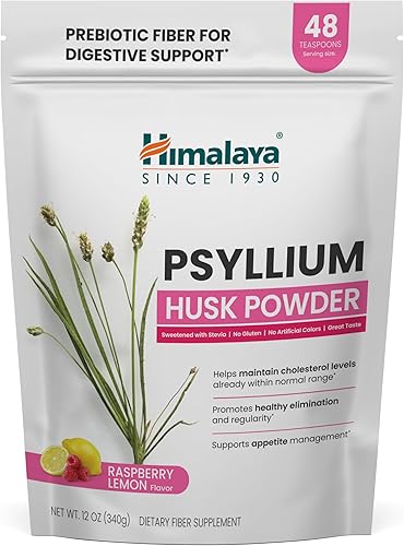 Himalaya Polvo de Cáscara de Psilio con Frambuesa y Limón, Suplemento Diario de Fibra para la Salud Digestiva y Regularidad, Sin Azúcar, Sin Gluten,