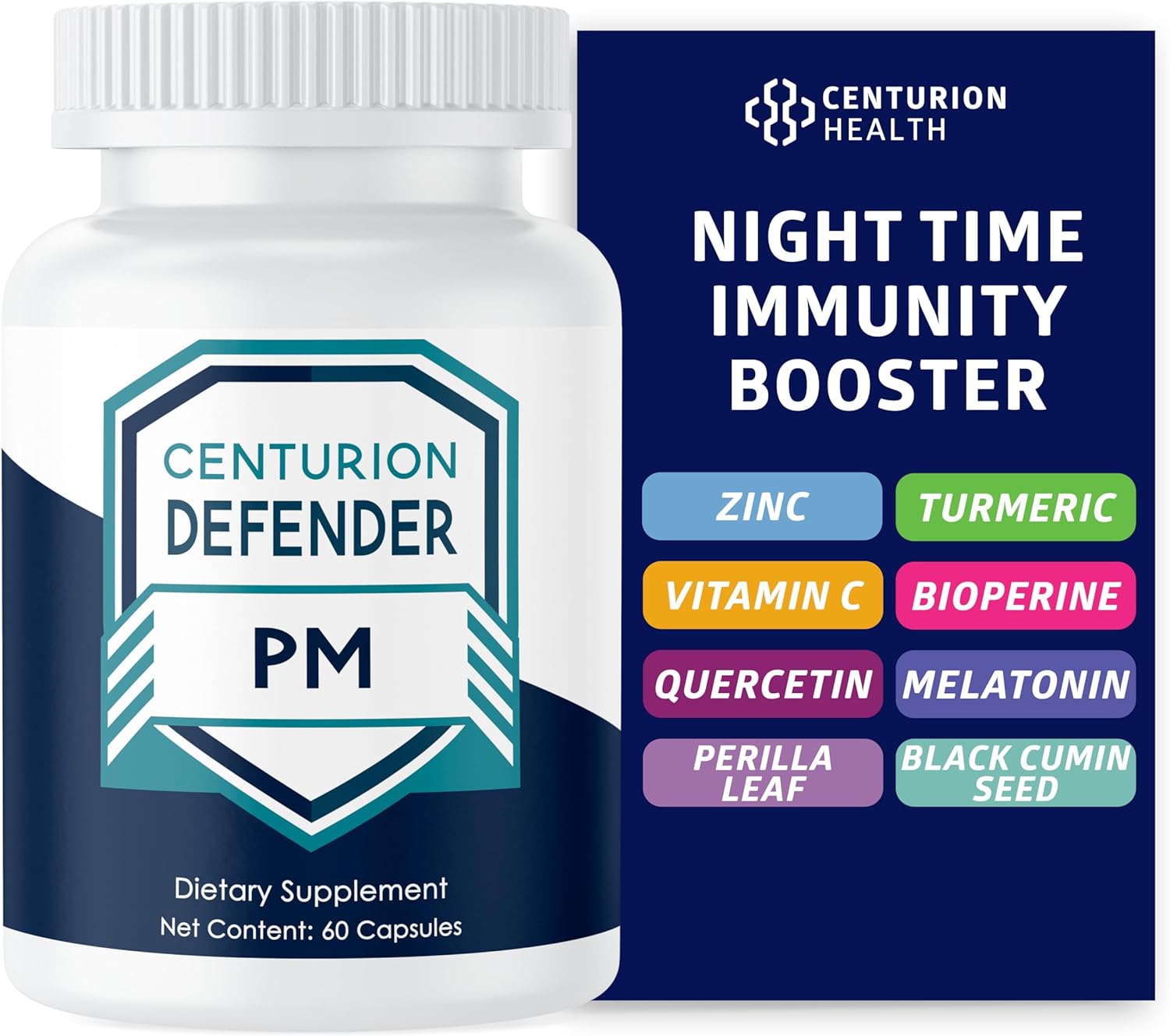 Centurion Defender PM, 9-in-1 Natural Sleep + Immune Supplement for Recovery, Immunity and Rest Support with Melatonin, Quercetin, Zinc, Black Cumin Seed, Perilla Leaf Extract and Vitamin C, 60 Caps