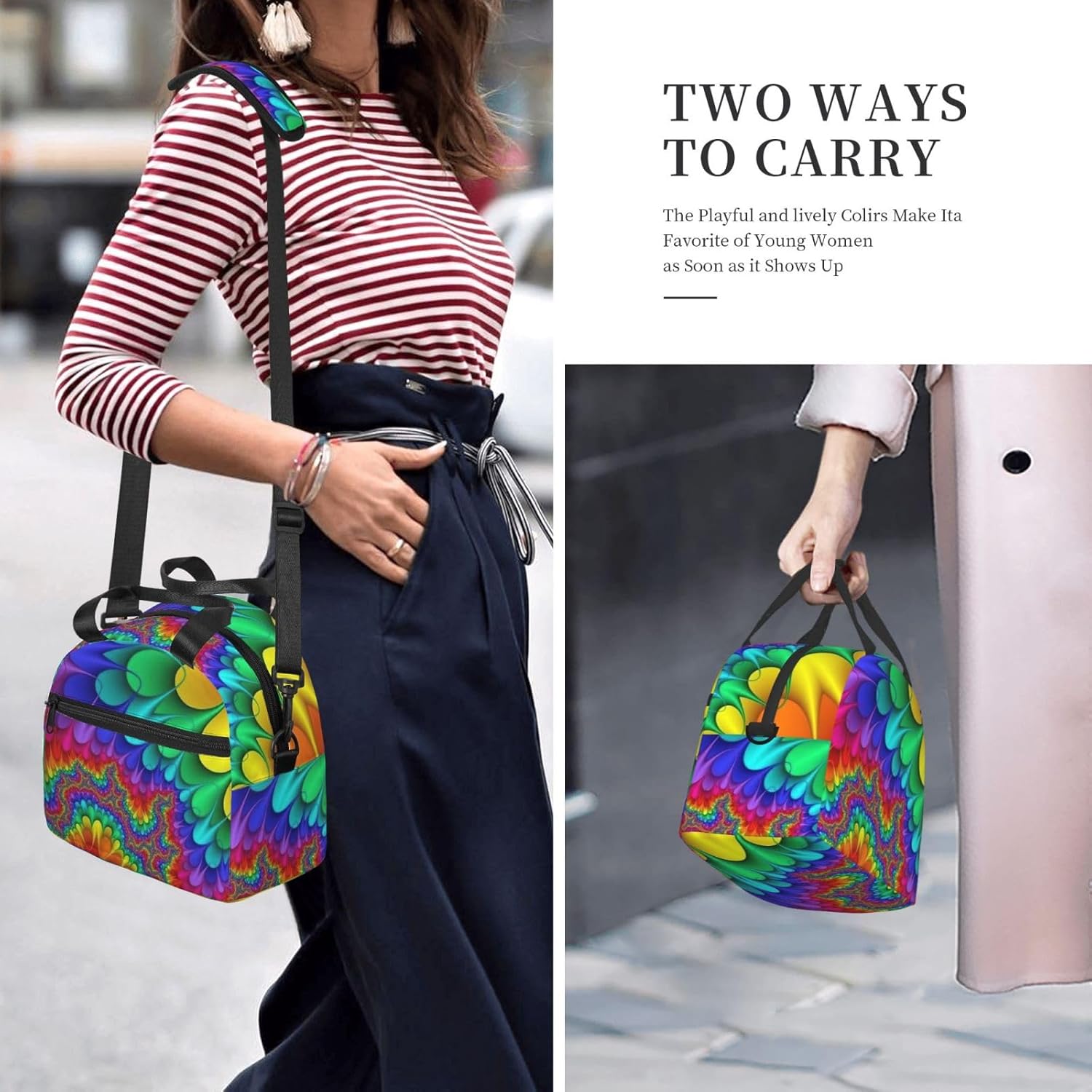 Bright Color Print Reusable Lunch Bag Insulated Lunch Boxes for Office Work Picnic Tote Bag Adjustable