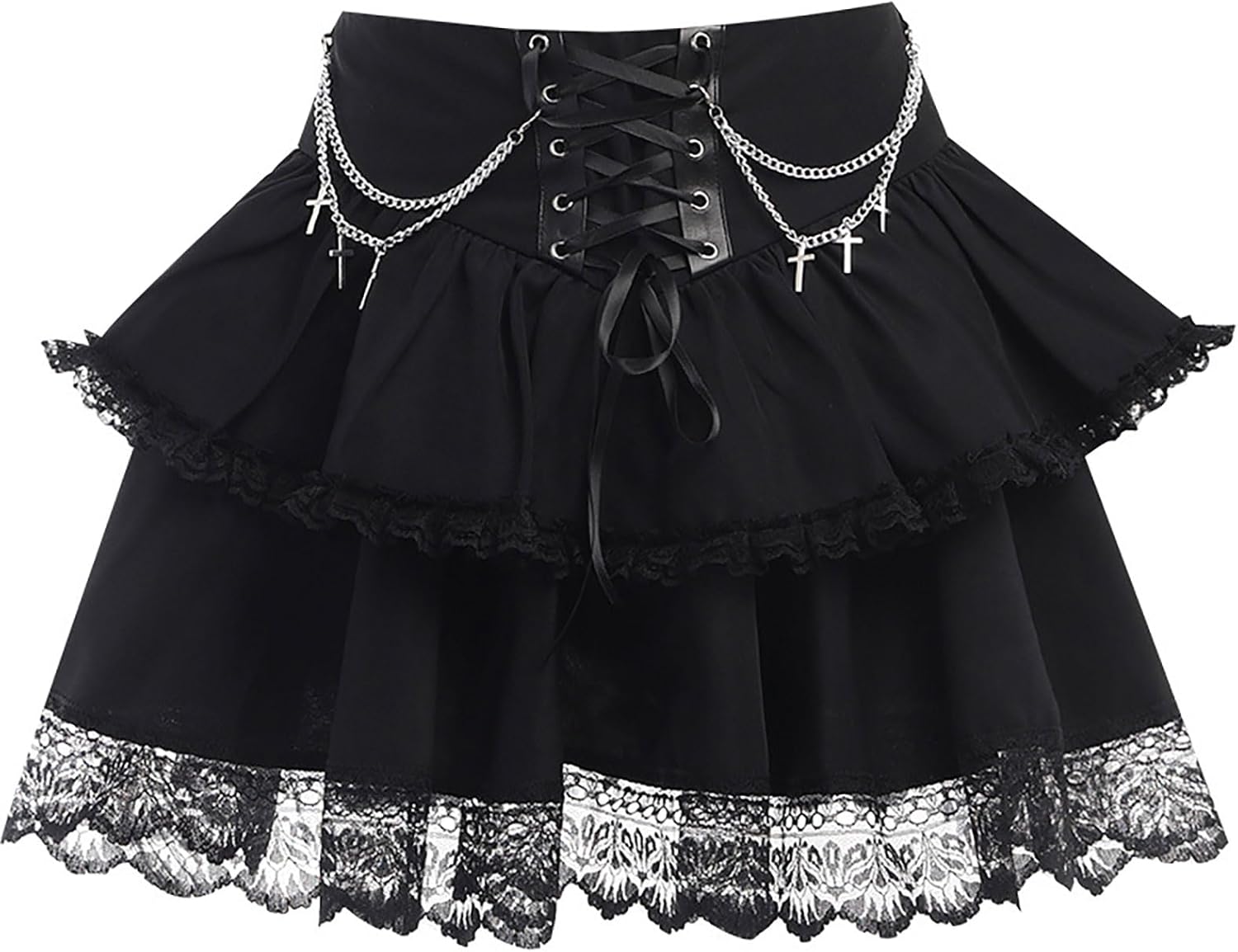 Womens Gothic Mini Skirt Tie Waist Lace Up Fluffy Double Layered Ruffles Y2k Punk Skirts with Chain - Image 4