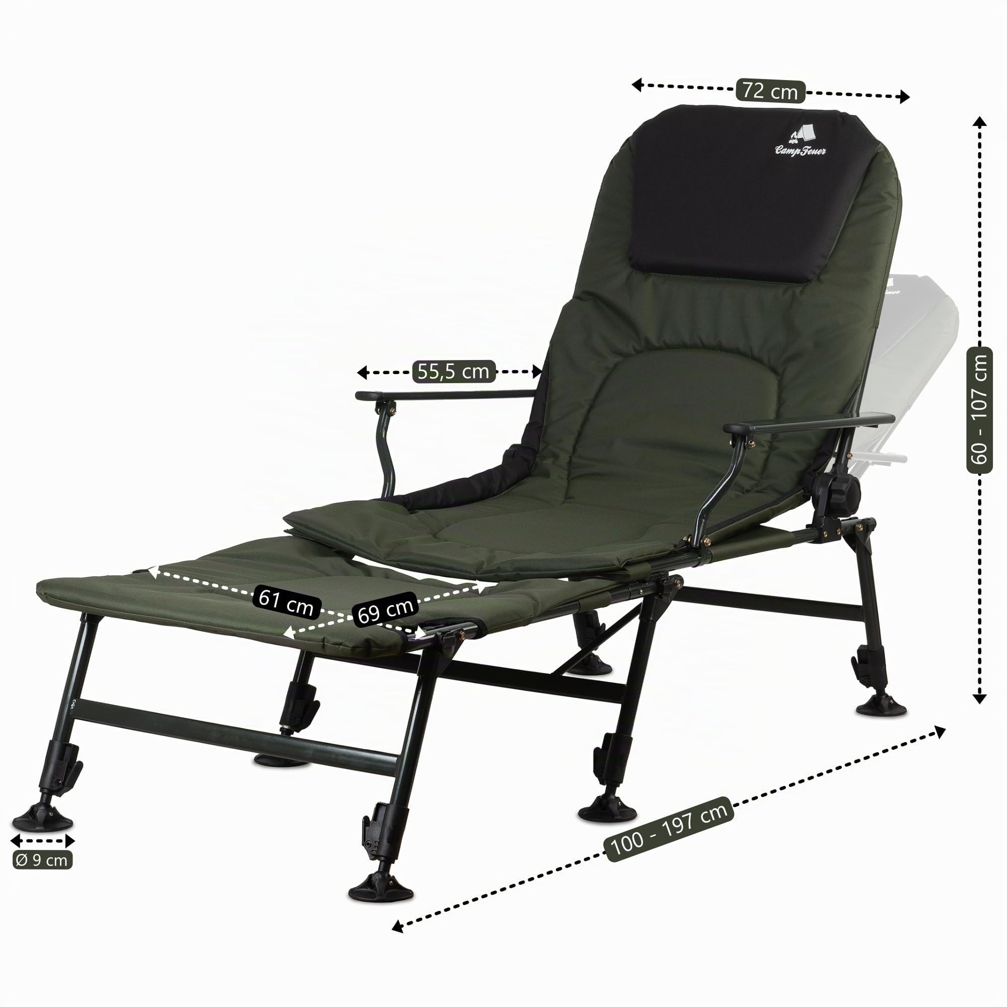 CampFeuer Silla de Pesca Plegable 2 en 1 Camuflaje Verde Oliva | Silla de Camping Regulable en Altura y Tumbona de Pesca | Silla de Viaje, para Camping, Acampada | Silla Plegable con Reposapiés