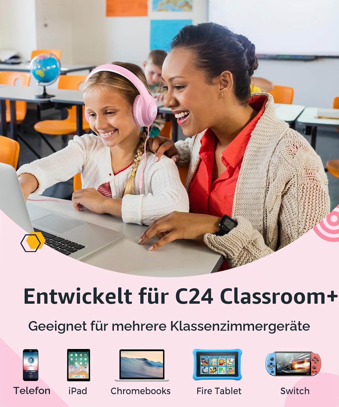 RockPapa C24 Kinder Kopfhörer mit Kabel, HD-Mikrofon, Leichte, Faltbare Kabel kopfhörer mit 3,5 mm Jack, On-Ear Stereo Bass Kopfhörer für Schule/Reise/Telefon Pink Weiß