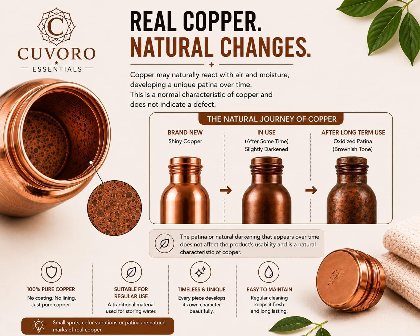 Copper Water Bottle, 34 oz 1 Litre Hammered Finish Metal Drinking Bottle with Leak-Resistant Lid,Cleaning Brush Included,Reusable Non-Insulated Bottle for Home,Yoga,Gym (Smooth, 500, Milliliters) image 4