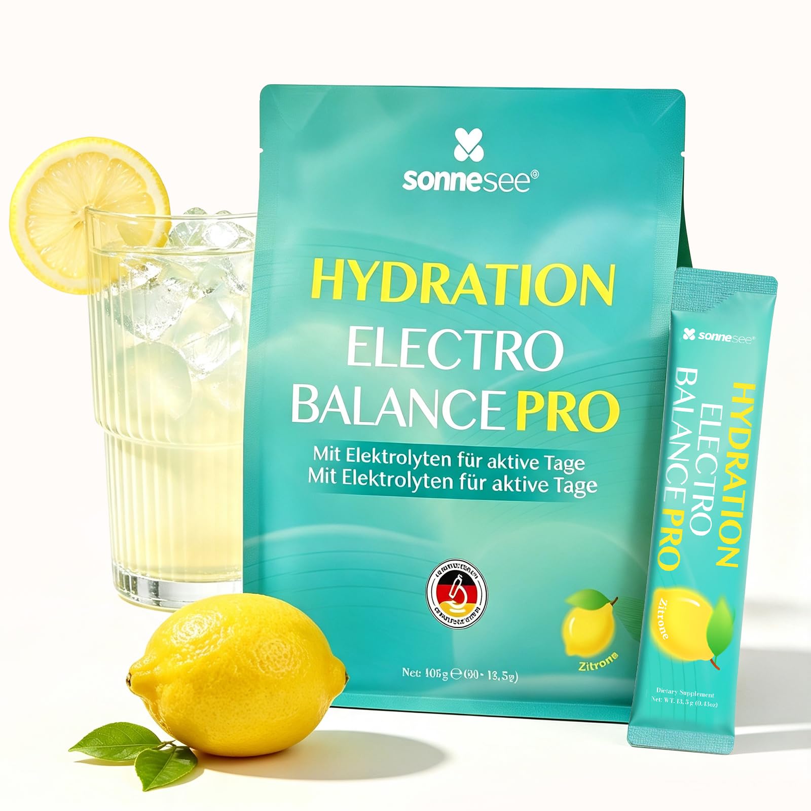 Sonnesee Elektrolyt Pulver Zitrone, zuckerfrei – 30 Sticks à 13,5 g Natrium Kalium Magnesium & Chlorid Vitamin C & B-Vitamine vegan für Sport, Alltag und Hitze