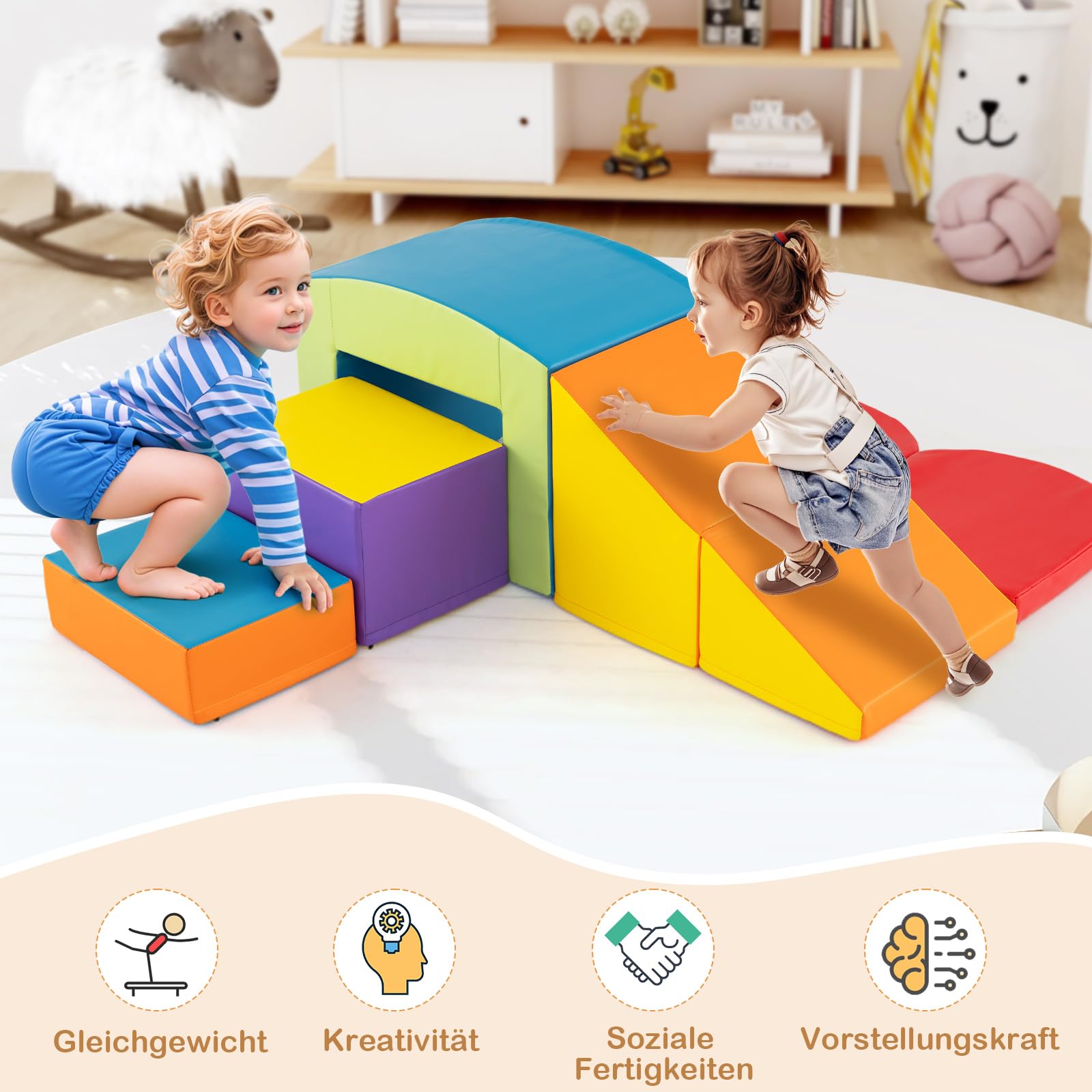 GOPLUS 6er Set Schaumstoffbausteine, Softbausteine zum Klettern & Rutschen, Riesenbausteine aus Kunstleder & Schaumstoff, Großbausteine Softbausteine für Baby Kleinkinder ab 1 (Bunt)